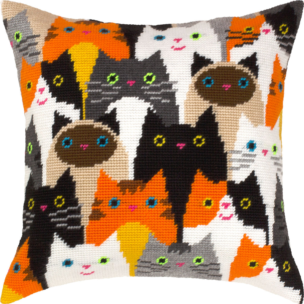 Brvsk Ferine Stamped Cross-Stitch Kit for Adults and Beginners — Cat Choir 16″ × 16″ with Clear, Precise Printed Design on Cotton Canvas; Includes 2 Needles, Yarn, and Easy-Read Chart