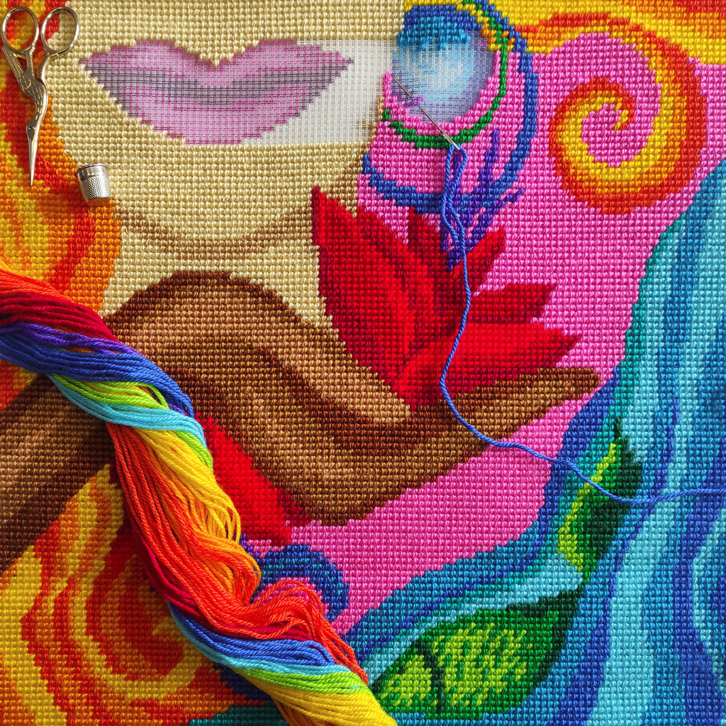 Brvsk Abstract Needlepoint Kit for Adults and Beginners — Fantasy. Summer 16″ × 16″ with Clear, Precise Printed Design on Cotton Canvas; Includes 2 Needles, Yarn, and Easy-Read Chart