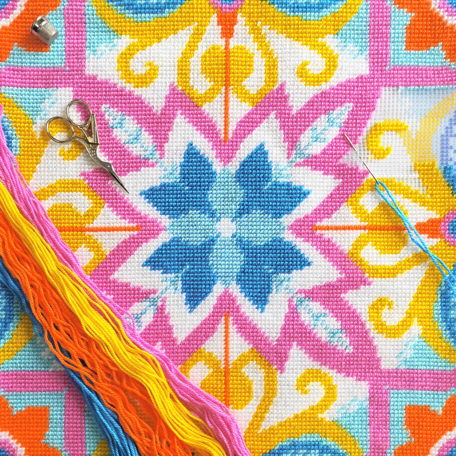 Brvsk Ornamental Embroidery Kit for Adults and Beginners — Tutti Frutti 16″ × 16″ with Clear, Precise Printed Design on Cotton Canvas; Includes 2 Needles, Yarn, and Easy-Read Chart