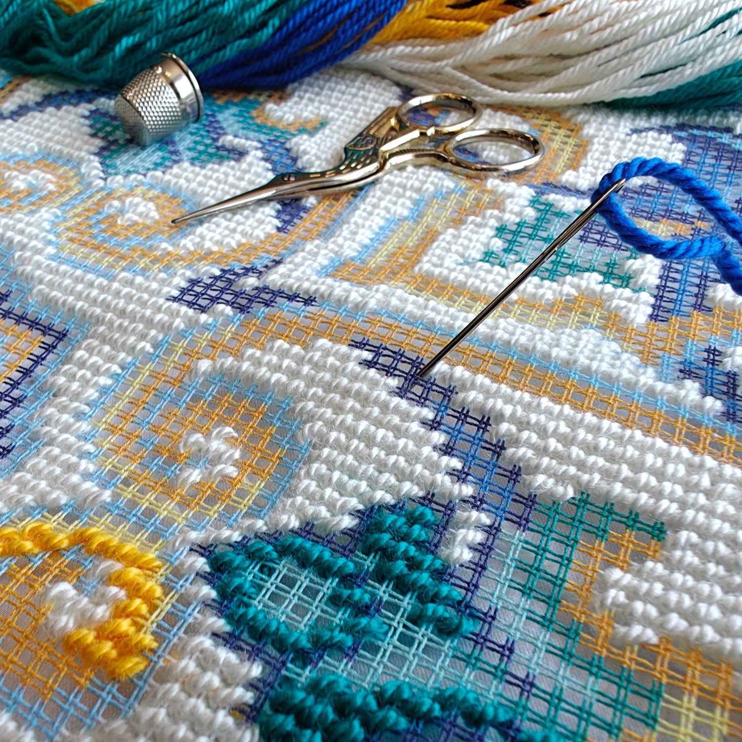 Brvsk Ornamental Embroidery Kit for Adults and Beginners — Porto 16″ × 16″ with Clear, Precise Printed Design on Cotton Canvas; Includes 2 Needles, Yarn, and Easy-Read Chart