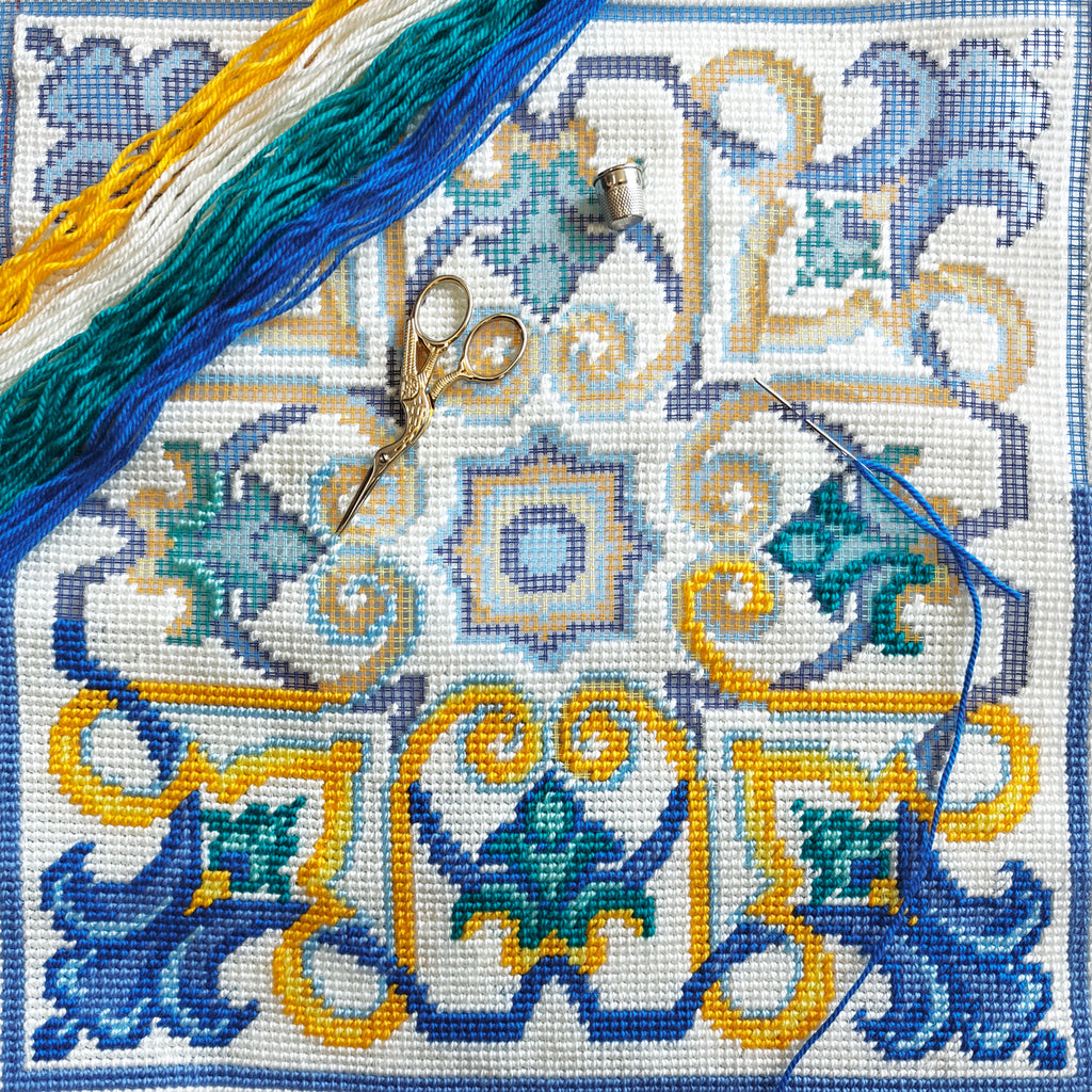 Brvsk Ornamental Embroidery Kit for Adults and Beginners — Porto 16″ × 16″ with Clear, Precise Printed Design on Cotton Canvas; Includes 2 Needles, Yarn, and Easy-Read Chart