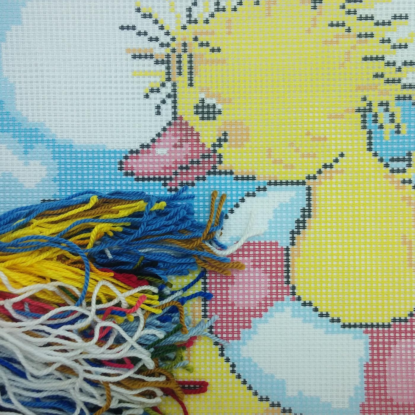 Brvsk Playful Stamped Cross-Stitch Kit for Adults and Beginners — Duckling The Sailor 16″ × 16″ with Clear, Precise Printed Design on Cotton Canvas; Includes 2 Needles, Yarn, and Easy-Read Chart