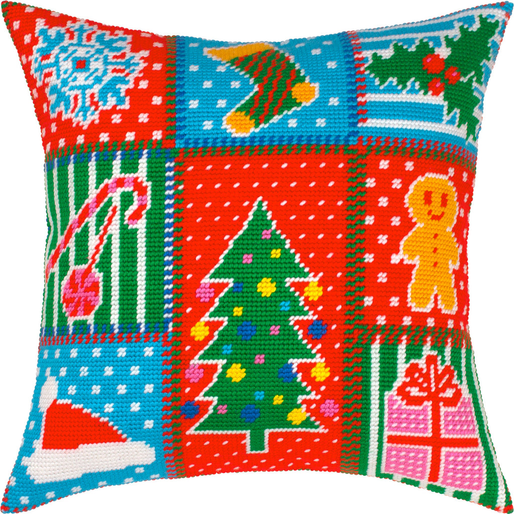 Brvsk Christmas Needlepoint Kit for Adults and Beginners — Patchwork 16″ × 16″ with Clear, Precise Printed Design on Cotton Canvas; Includes 2 Needles, Yarn, and Easy-Read Chart