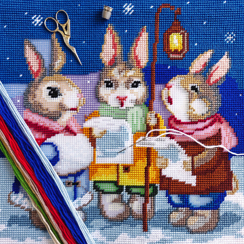 Brvsk Christmas Needlepoint Kit for Adults and Beginners — Hares’ Carols 16″ × 16″ with Clear, Precise Printed Design on Cotton Canvas; Includes 2 Needles, Yarn, and Easy-Read Chart