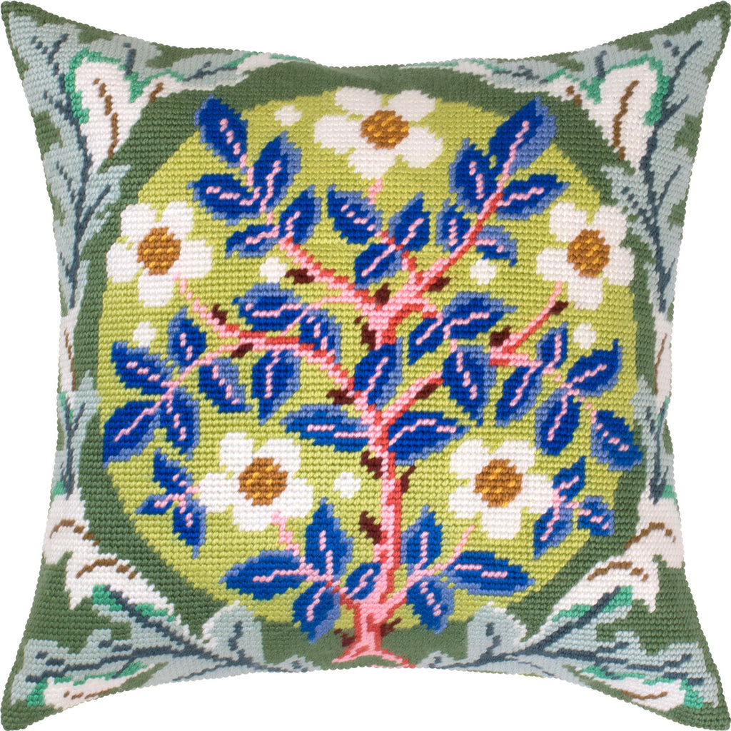 Brvsk Stamped Cross-Stitch Kit for Adults and Beginners — Rose Wreath by William Morris 16″ × 16″ with Clear, Precise Printed Design on Cotton Canvas; Includes 2 Needles, Yarn, and Easy-Read Chart