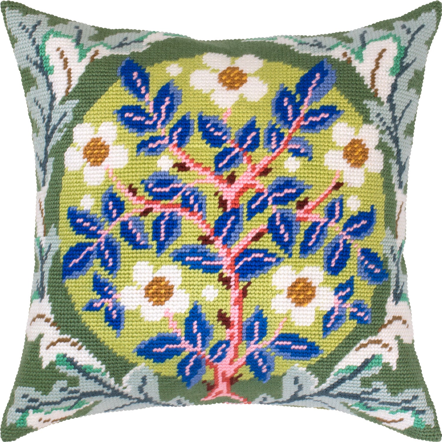 Brvsk Stamped Cross-Stitch Kit for Adults and Beginners — Rose Wreath by William Morris 16″ × 16″ with Clear, Precise Printed Design on Cotton Canvas; Includes 2 Needles, Yarn, and Easy-Read Chart