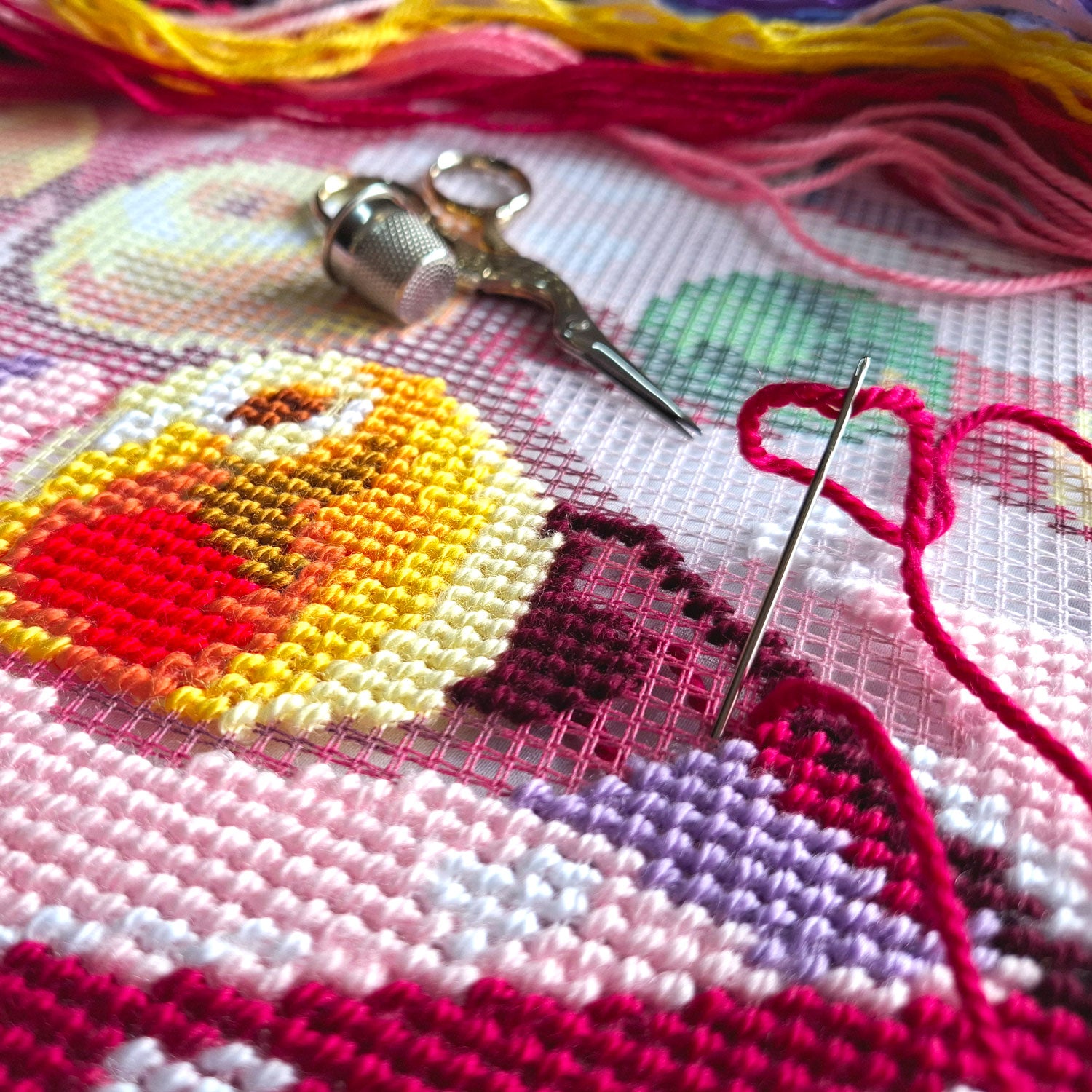 Still Life with Apples on Pink Cloth — Stamped Cross Stitch Kit 16″ × 16″ by Brvsk