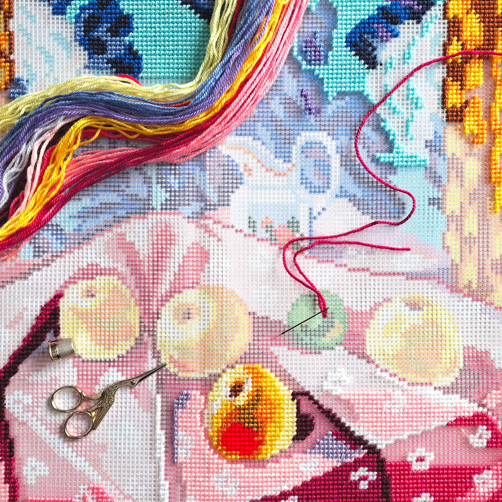 Still Life with Apples on Pink Cloth — Stamped Cross Stitch Kit 16″ × 16″ by Brvsk