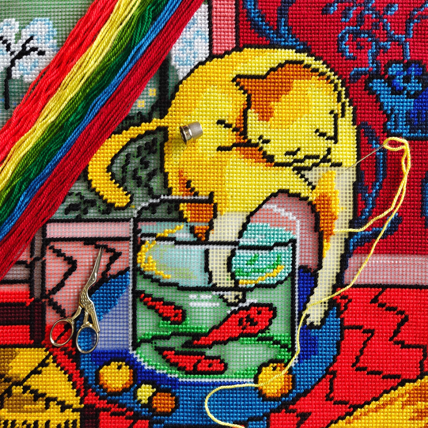 Brvsk Artistic Embroidery Kit for Adults and Beginners — Cat with Fish 16″ × 16″ with Clear, Precise Printed Design on Cotton Canvas; Includes 2 Needles, Yarn, and Easy-Read Chart