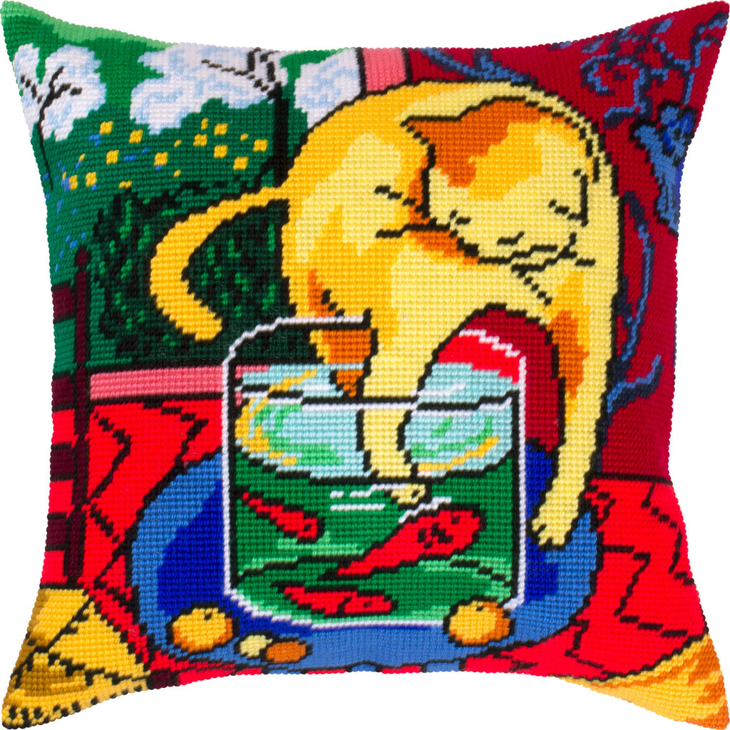 Cat with Fish — Embroidery Kit 16″ × 16″ by Brvsk