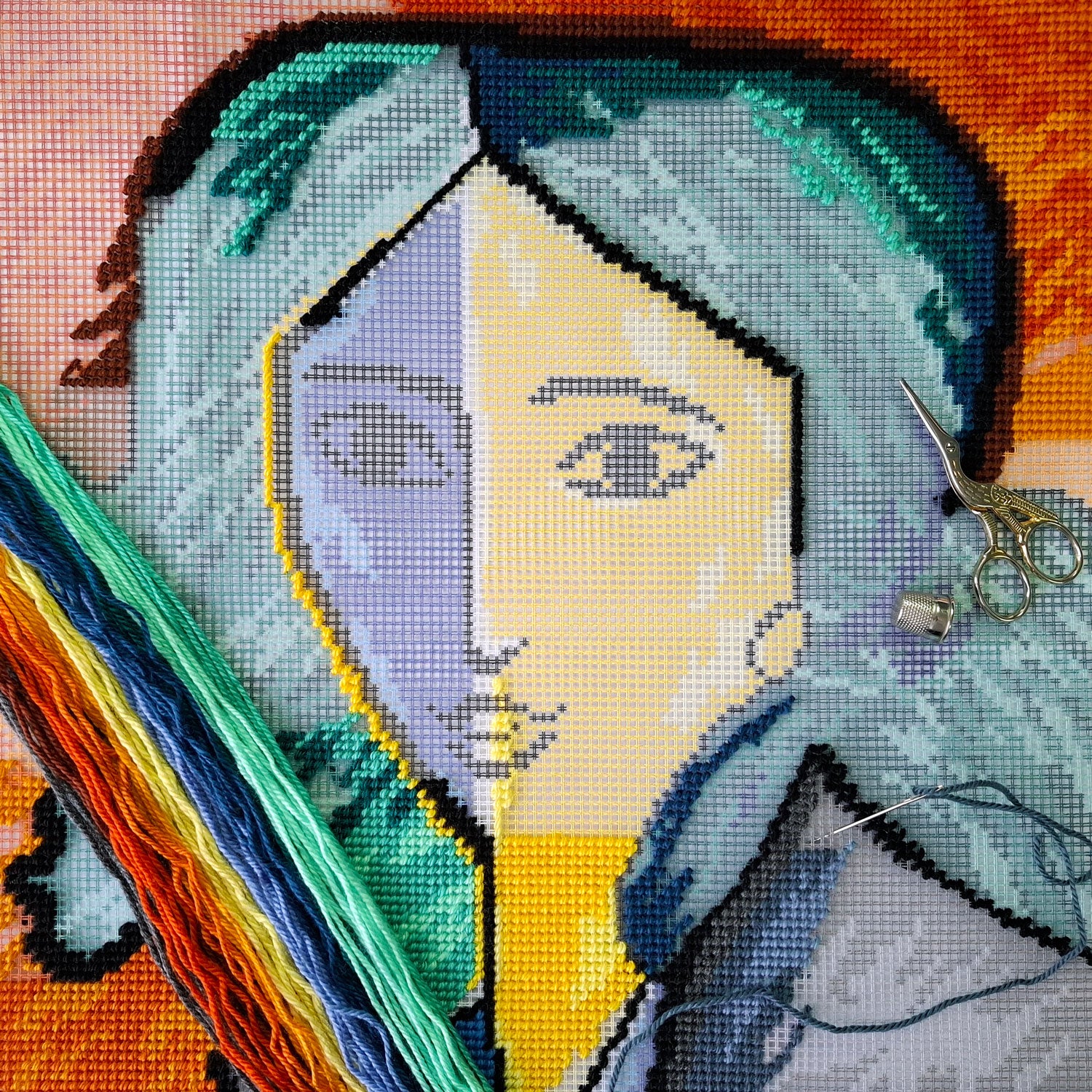 Brvsk Expressionistic Stamped Cross-Stitch Kit for Adults and Beginners — Portrait of Lydia Delectorskaya by Henri Matisse 16″ × 16″ with Clear, Precise Printed Design on Cotton Canvas