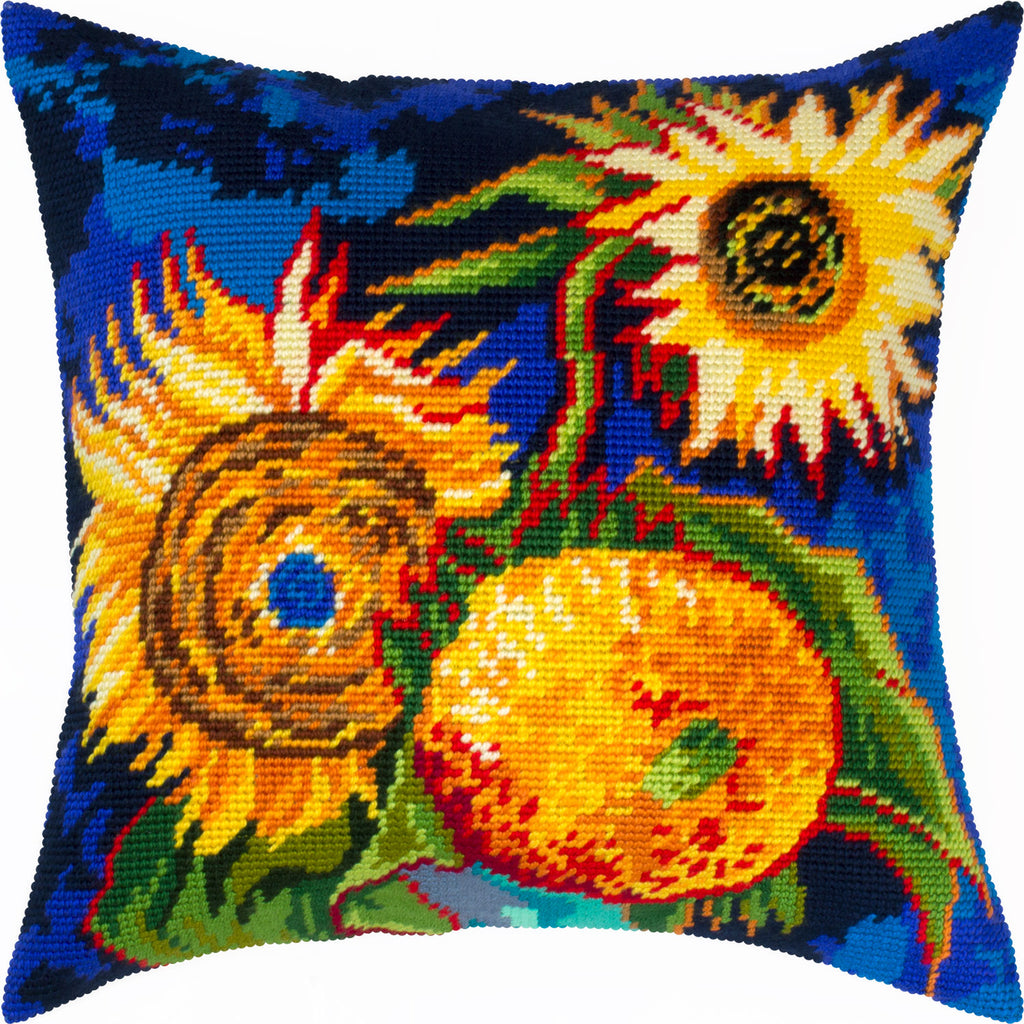 Brvsk Stamped Cross-Stitch Kit for Adults and Beginners — Sunflowers by Vincent Van Gogh 16″ × 16″ with Clear, Precise Printed Design on Cotton Canvas; Includes 2 Needles, Yarn, and Easy-Read Chart