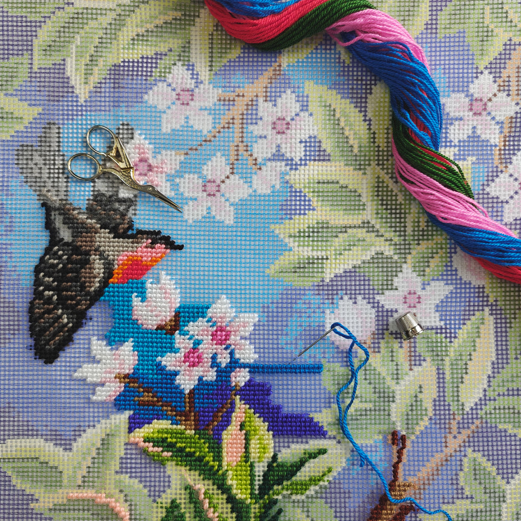Brvsk Nature Inspired Stamped Cross-Stitch Kit for Adults and Beginners — Redstart. Tree by John Henry Dearle 16″ × 16″ with Clear, Precise Printed Design on Cotton Canvas; Includes Needles and Yarn