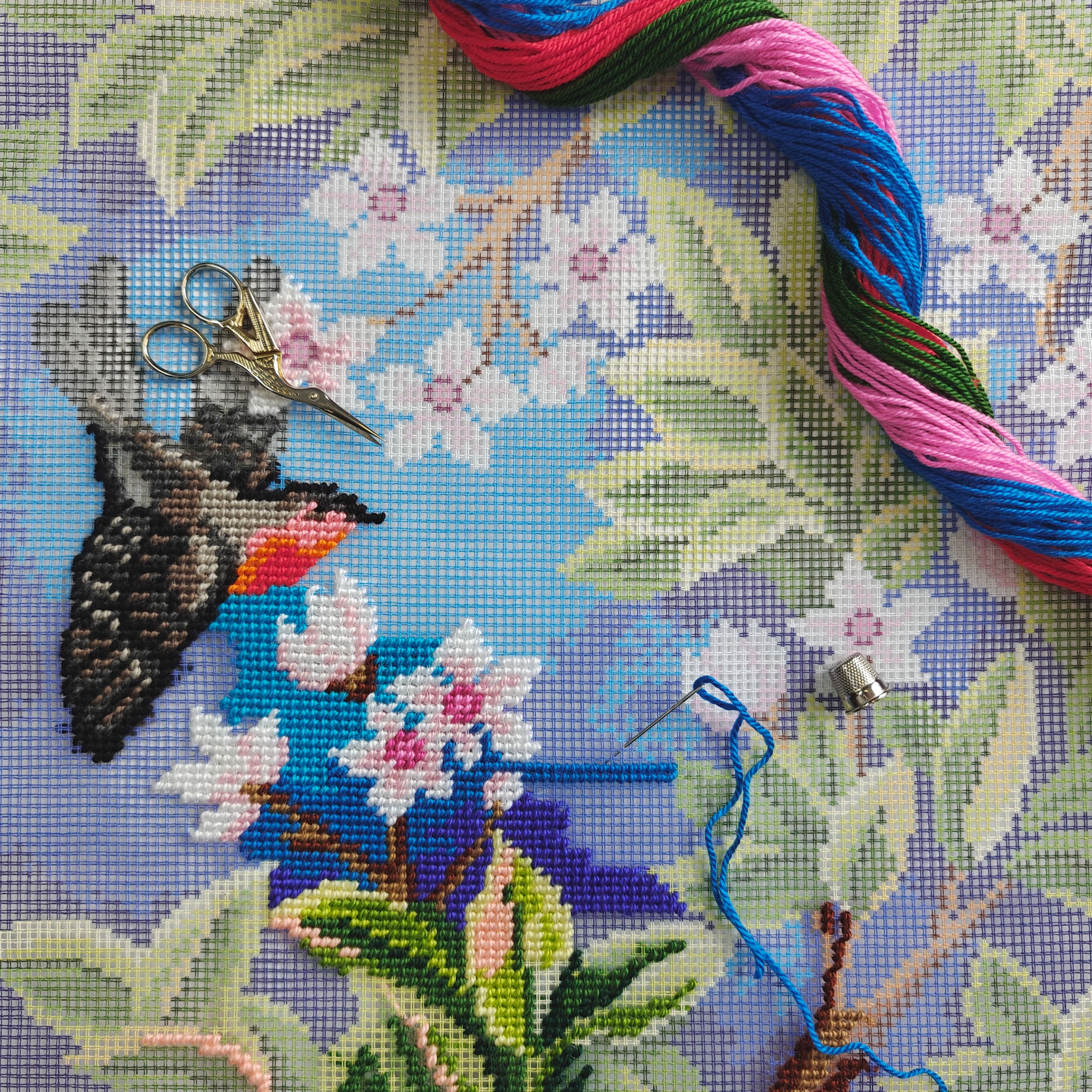Brvsk Nature Inspired Stamped Cross-Stitch Kit for Adults and Beginners — Redstart. Tree by John Henry Dearle 16″ × 16″ with Clear, Precise Printed Design on Cotton Canvas; Includes Needles and Yarn