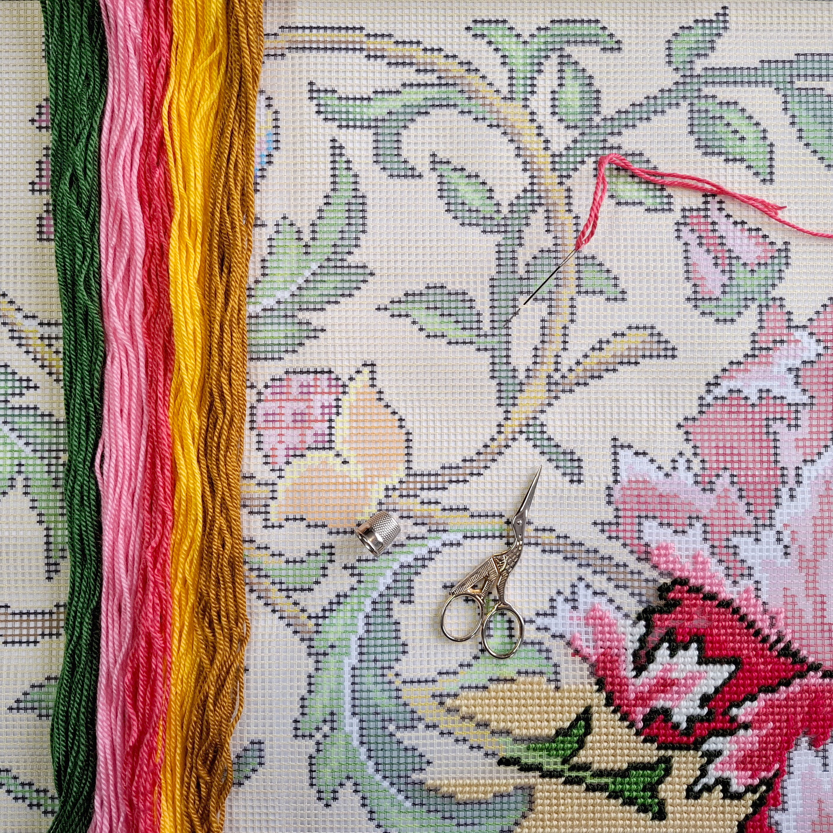 Floral Needlepoint Kit for Adults and Beginners — Climbing Rose. Tree by John Henry Dearle 16″ × 16″ with Clear, Precise Printed Design on Cotton Canvas; Includes 2 Needles, Yarn, and Easy-Read Chart