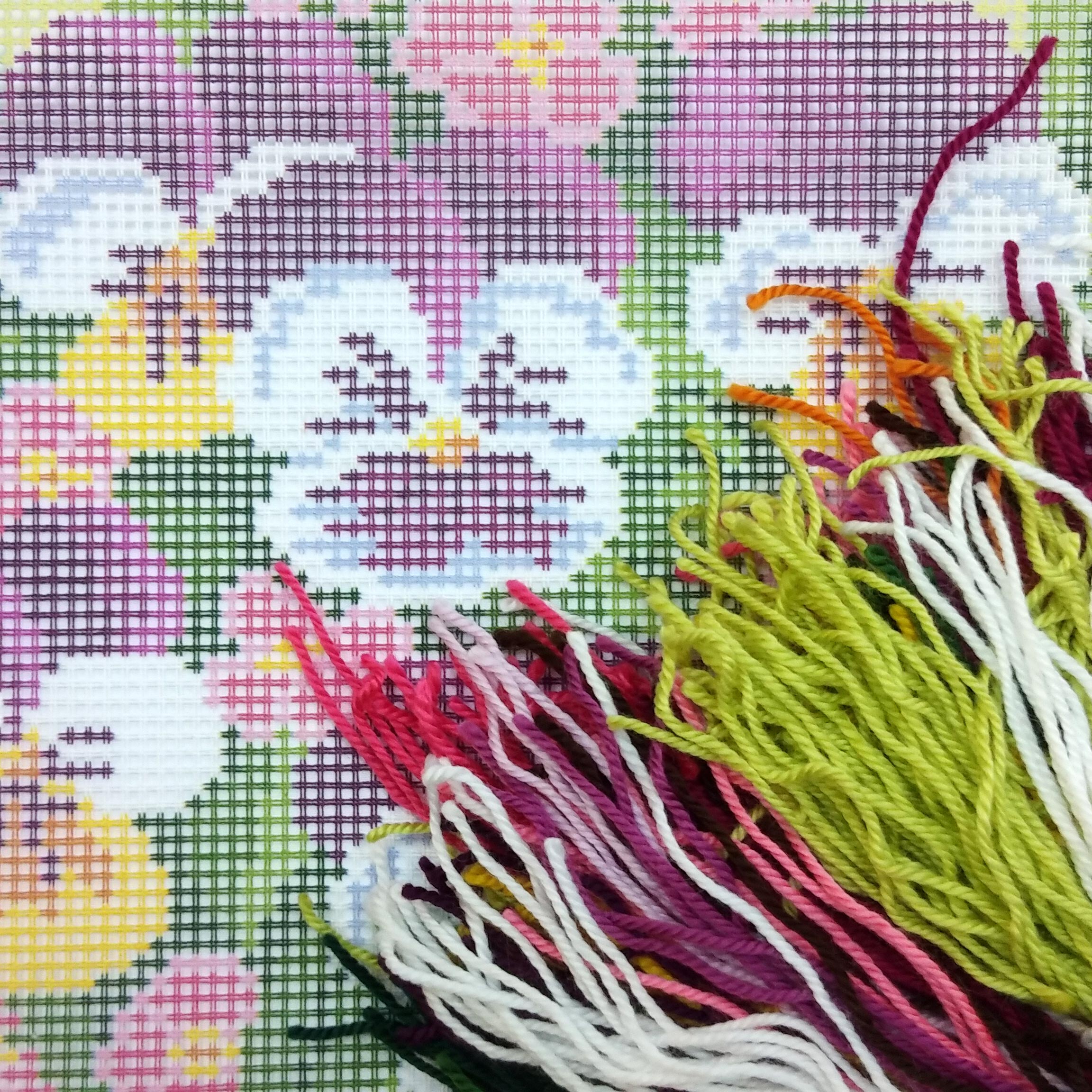 Brvsk Floral Stamped Cross-Stitch Kit for Adults and Beginners — Bouquet of Violas 16″ × 16″ with Clear, Precise Printed Design on Cotton Canvas; Includes 2 Needles, Yarn, and Easy-Read Chart