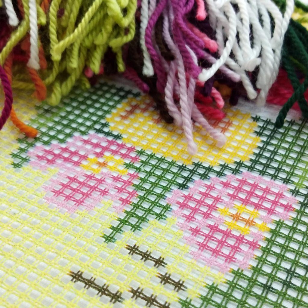 Brvsk Floral Stamped Cross-Stitch Kit for Adults and Beginners — Bouquet of Violas 16″ × 16″ with Clear, Precise Printed Design on Cotton Canvas; Includes 2 Needles, Yarn, and Easy-Read Chart
