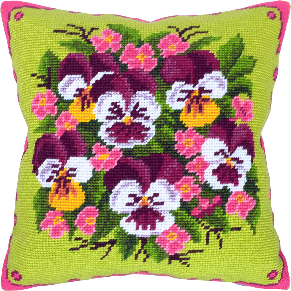 Brvsk Floral Stamped Cross-Stitch Kit for Adults and Beginners — Bouquet of Violas 16″ × 16″ with Clear, Precise Printed Design on Cotton Canvas; Includes 2 Needles, Yarn, and Easy-Read Chart