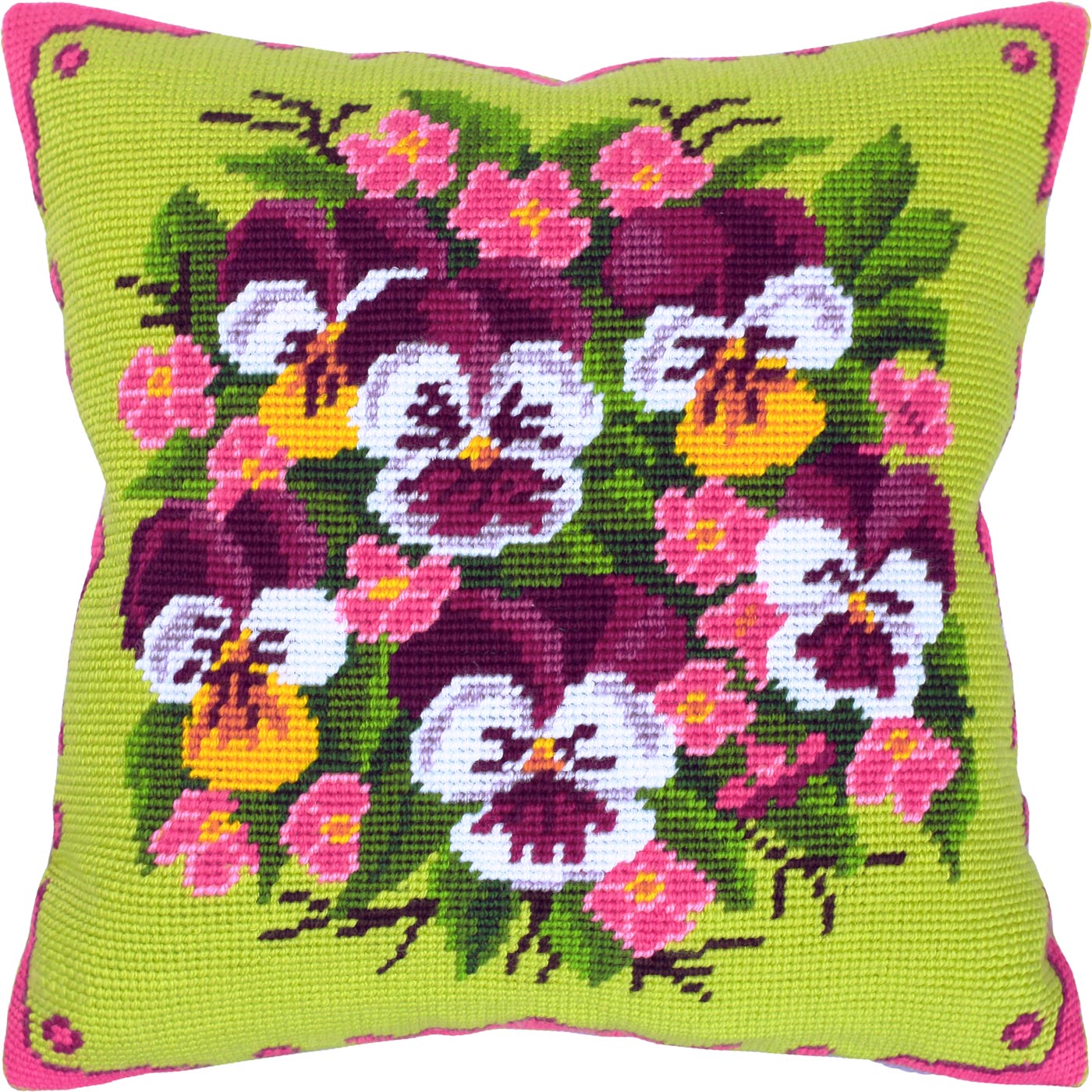 Brvsk Floral Stamped Cross-Stitch Kit for Adults and Beginners — Bouquet of Violas 16″ × 16″ with Clear, Precise Printed Design on Cotton Canvas; Includes 2 Needles, Yarn, and Easy-Read Chart