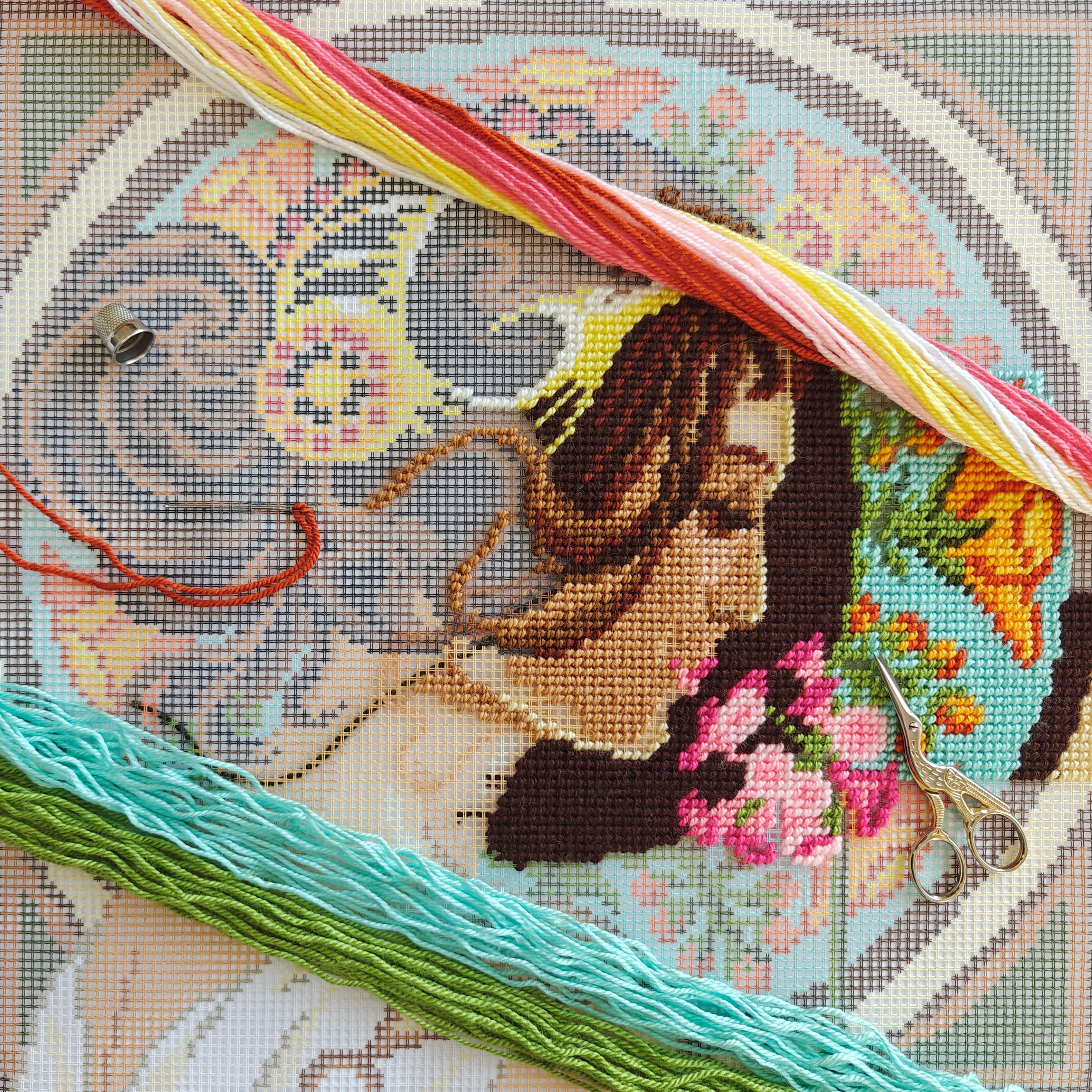 Brvsk Art Noveau Embroidery Kit for Adults and Beginners — Primrose by Alphonse Mucha 16″ × 16″ with Clear, Precise Printed Design on Cotton Canvas; Includes 2 Needles, Yarn, and Easy-Read Chart
