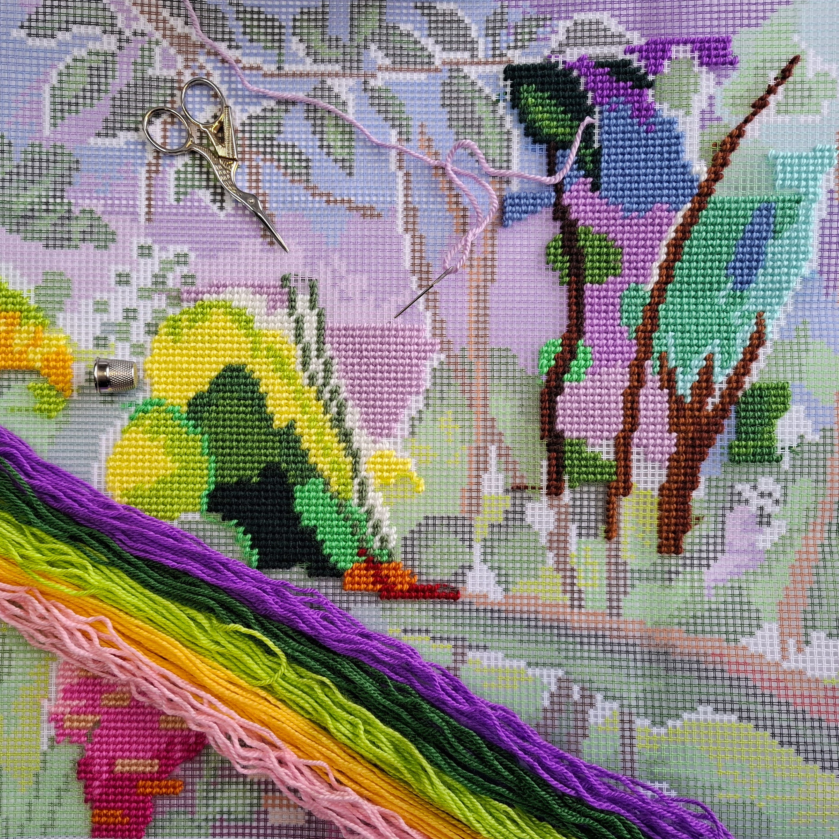 Brvsk Artistic Stamped Cross-Stitch Kit for Adults and Beginners — Riverbank View by Henri Matisse 16″ × 16″ with Clear, Precise Printed Design on Cotton Canvas; Includes Needles and Yarn