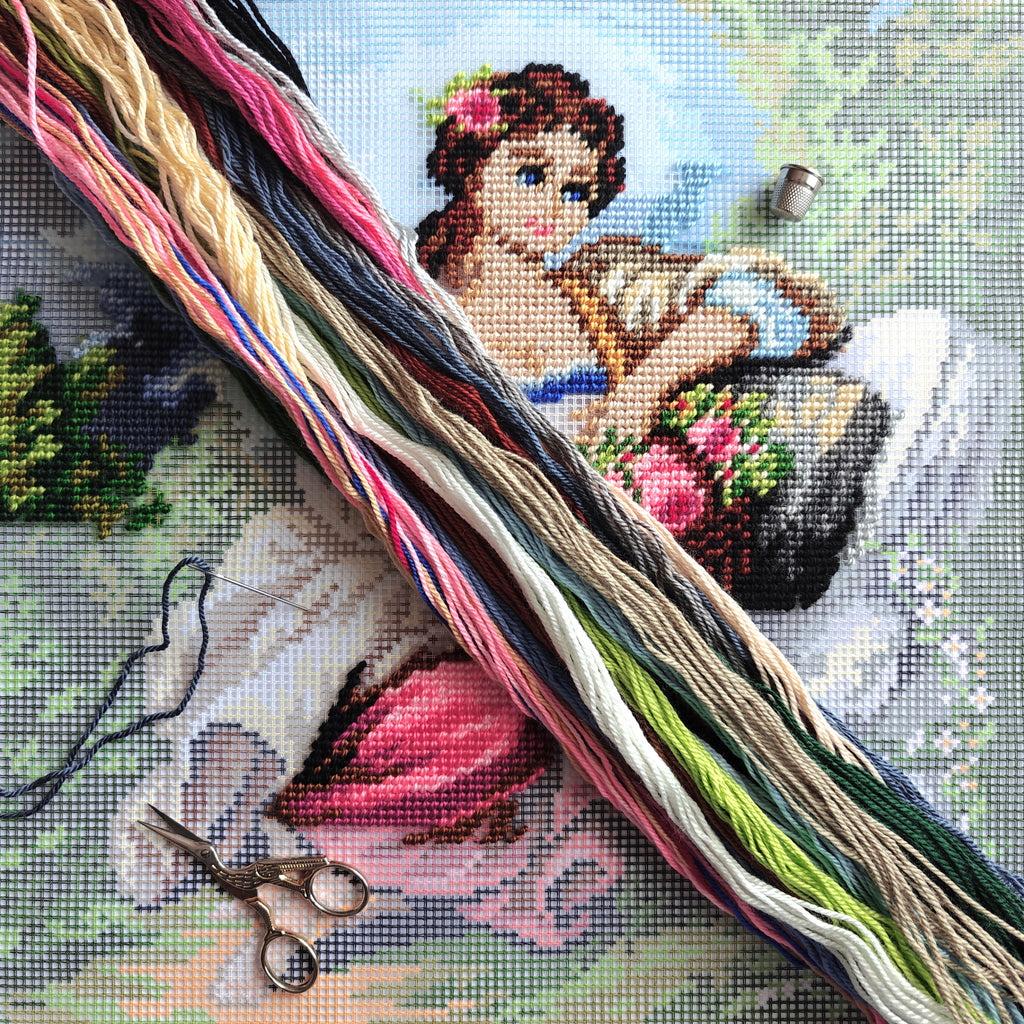 Pastoral Embroidery Kit for Adults and Beginners — The Little Gardener by François Boucher 16″ × 16″ with Clear, Precise Printed Design on Cotton Canvas; Includes 2 Needles, Yarn, and Easy-Read Chart