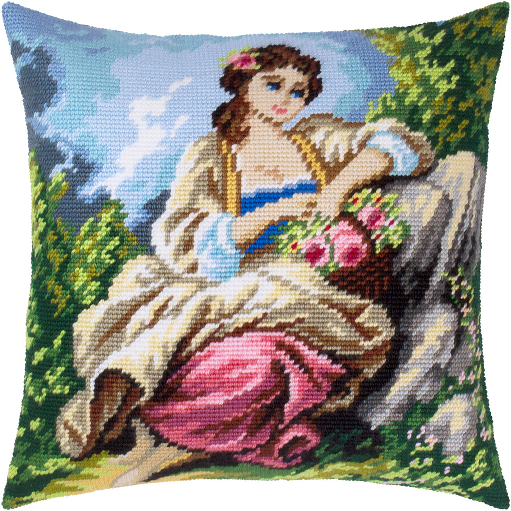 Pastoral Embroidery Kit for Adults and Beginners — The Little Gardener by François Boucher 16″ × 16″ with Clear, Precise Printed Design on Cotton Canvas; Includes 2 Needles, Yarn, and Easy-Read Chart