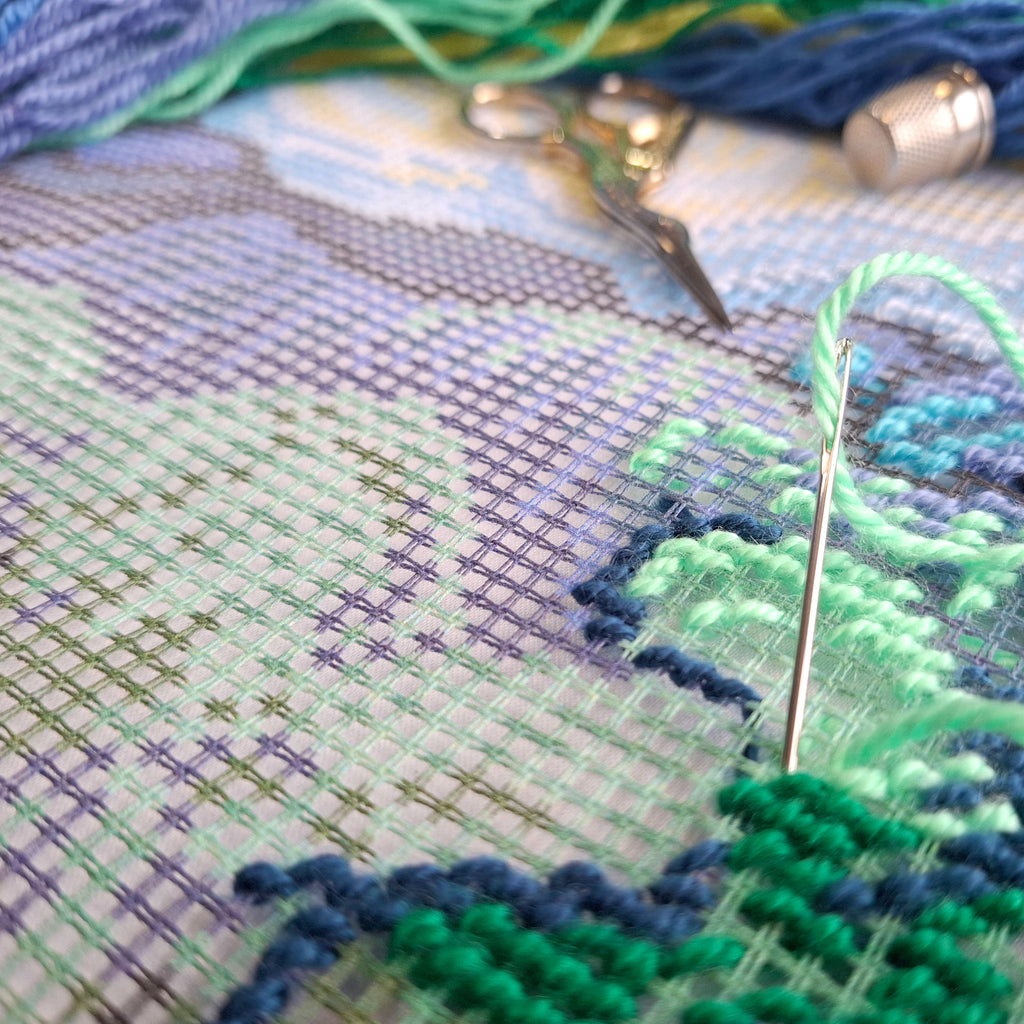 Landscape Needlepoint Kit for Adults and Beginners — Olive Trees by Vincent Van Gogh 16″ × 16″ with Clear, Precise Printed Design on Cotton Canvas; Includes 2 Needles, Yarn, and Easy-Read Chart