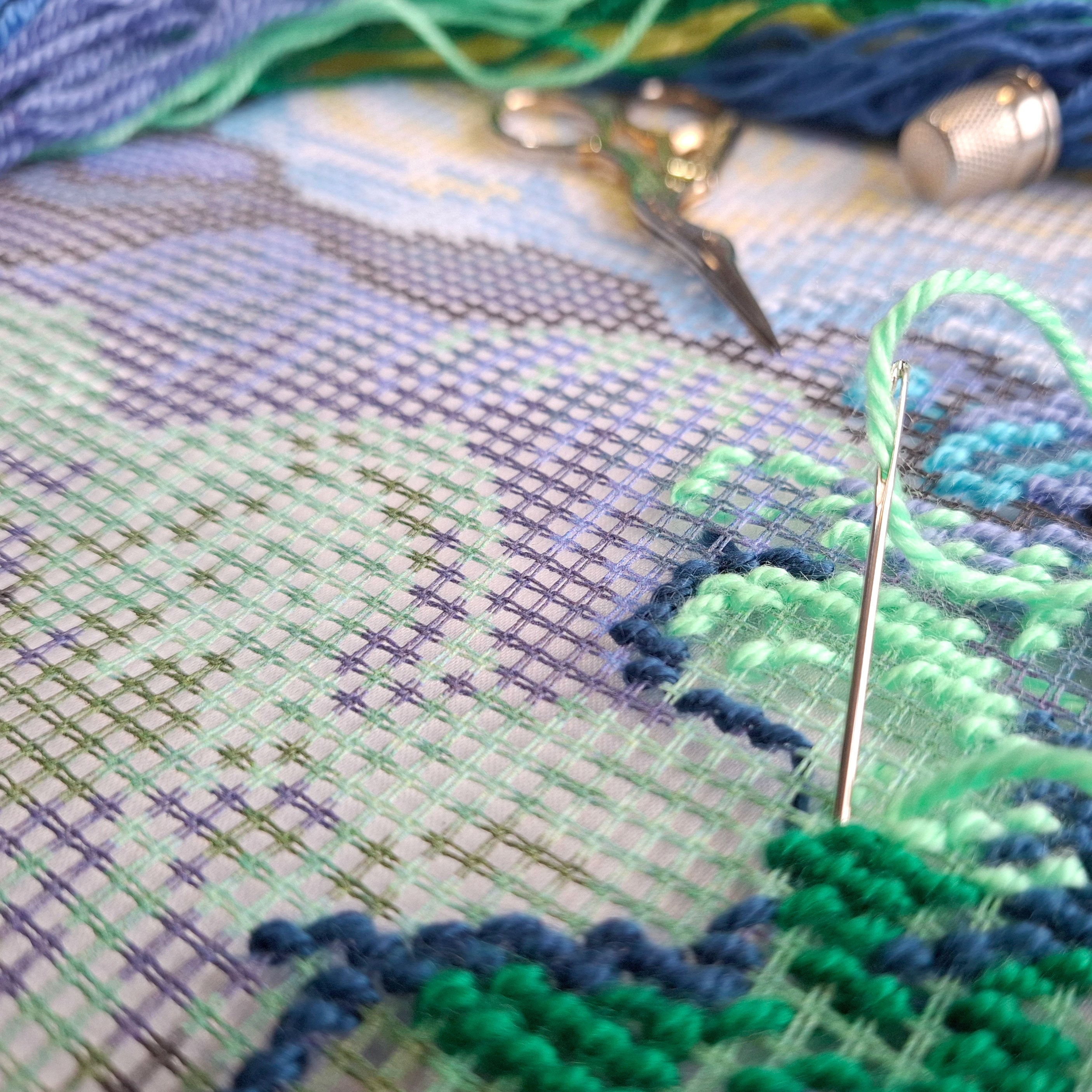 Landscape Needlepoint Kit for Adults and Beginners — Olive Trees by Vincent Van Gogh 16″ × 16″ with Clear, Precise Printed Design on Cotton Canvas; Includes 2 Needles, Yarn, and Easy-Read Chart