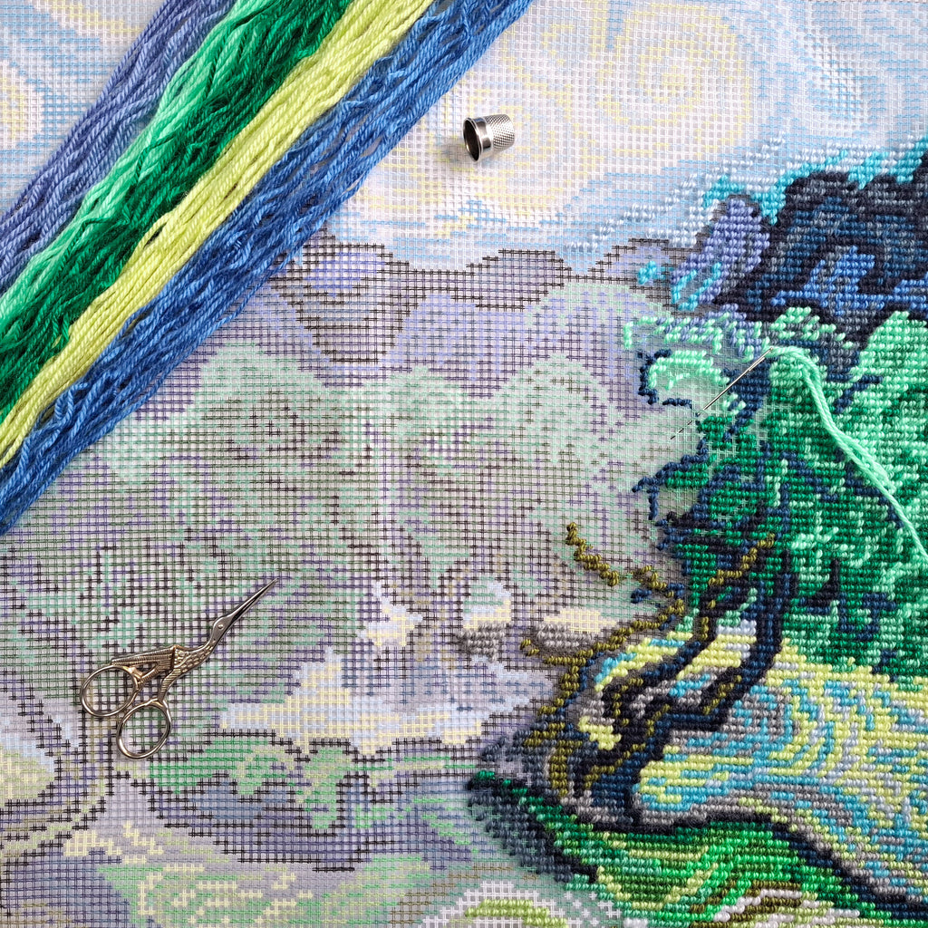 Landscape Needlepoint Kit for Adults and Beginners — Olive Trees by Vincent Van Gogh 16″ × 16″ with Clear, Precise Printed Design on Cotton Canvas; Includes 2 Needles, Yarn, and Easy-Read Chart