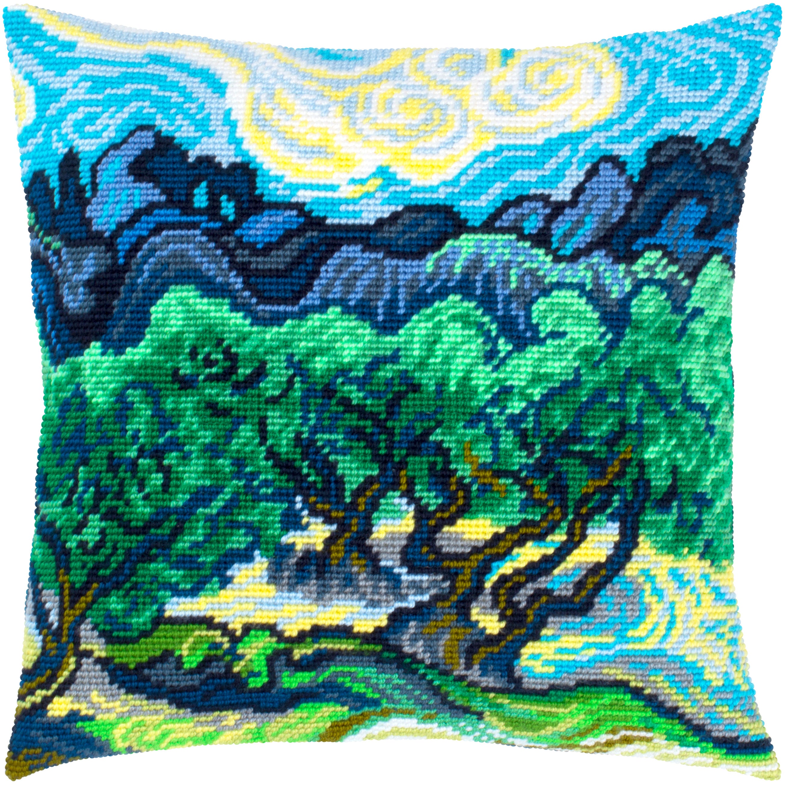 Landscape Needlepoint Kit for Adults and Beginners — Olive Trees by Vincent Van Gogh 16″ × 16″ with Clear, Precise Printed Design on Cotton Canvas; Includes 2 Needles, Yarn, and Easy-Read Chart