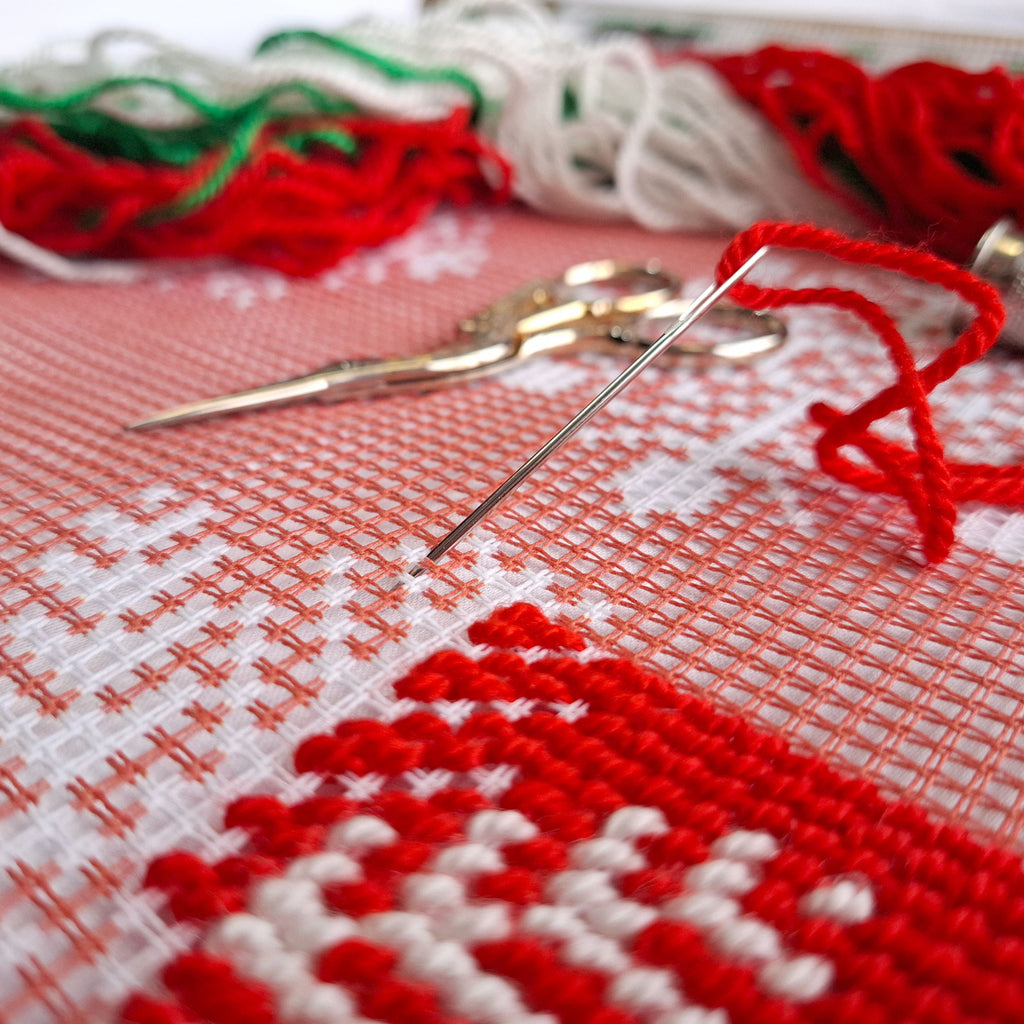 Brvsk Stamped Cross-Stitch Kit for Adults and Beginners — Scandinavian Snowflakes 16″ × 16″ with Clear, Precise Printed Design on Cotton Canvas; Includes 2 Needles, Yarn, and Easy-Read Chart