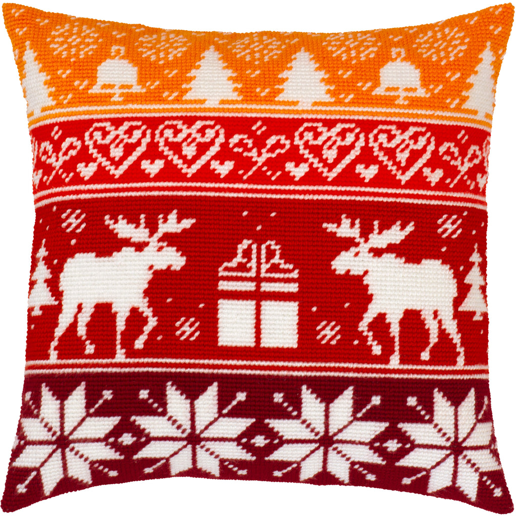 Brvsk Festive Embroidery Kit for Adults and Beginners — Scandinavian Christmas 16″ × 16″ with Clear, Precise Printed Design on Cotton Canvas; Includes 2 Needles, Yarn, and Easy-Read Chart