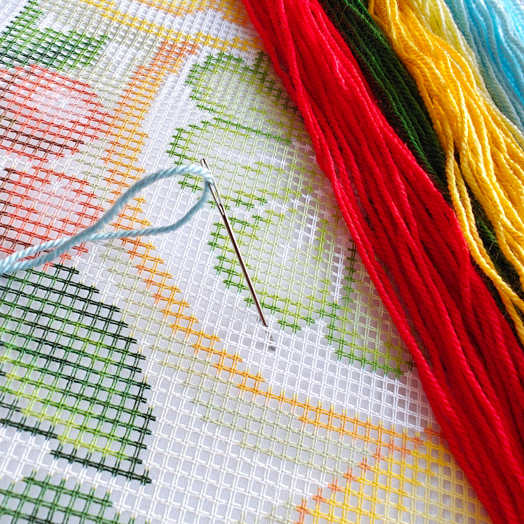 Brvsk Needlepoint Kit for Adults and Beginners — Fruity Fiesta 16″ × 16″ with Clear, Precise Printed Design on Cotton Canvas; Includes 2 Needles, Yarn, and Easy-Read Chart