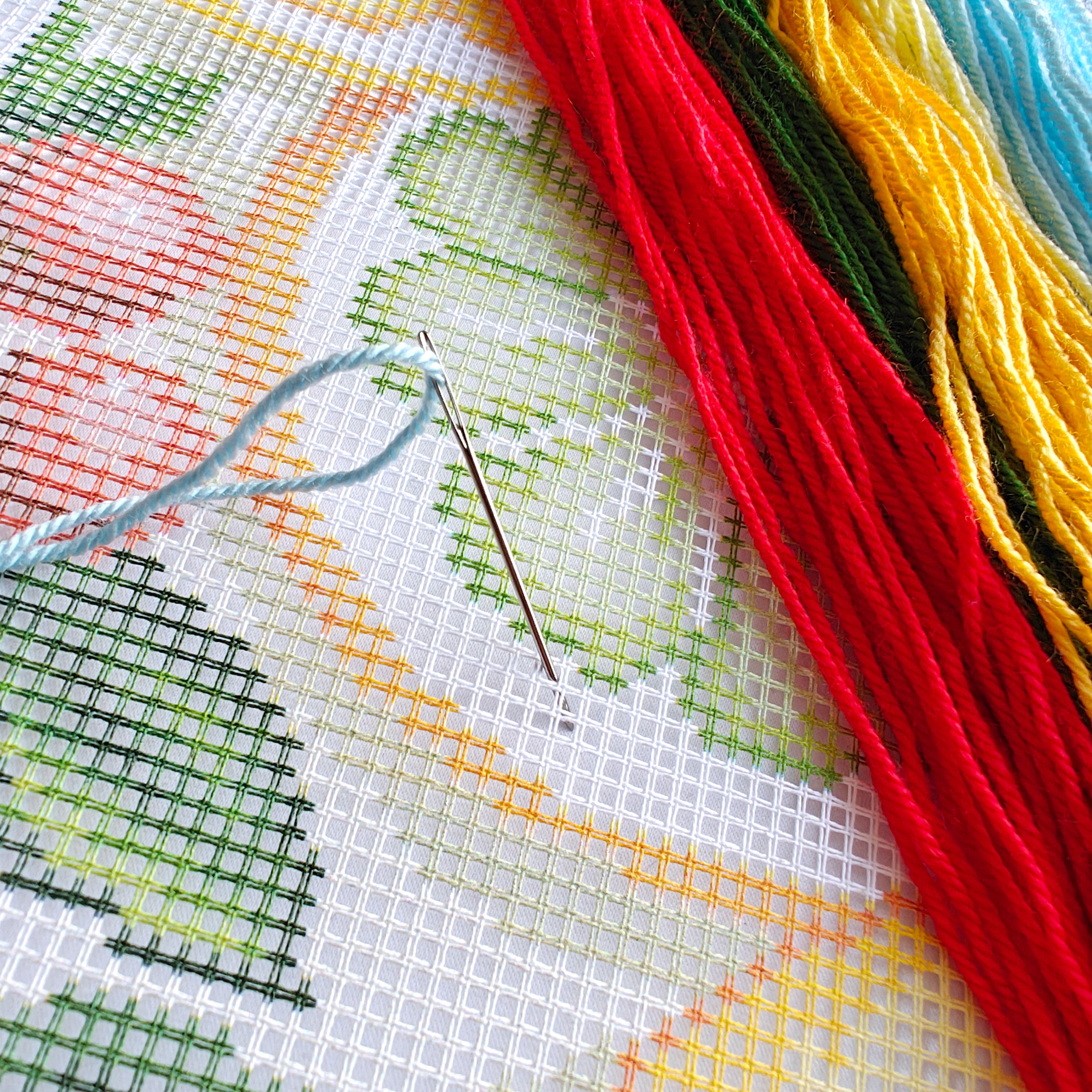 Brvsk Needlepoint Kit for Adults and Beginners — Fruity Fiesta 16″ × 16″ with Clear, Precise Printed Design on Cotton Canvas; Includes 2 Needles, Yarn, and Easy-Read Chart