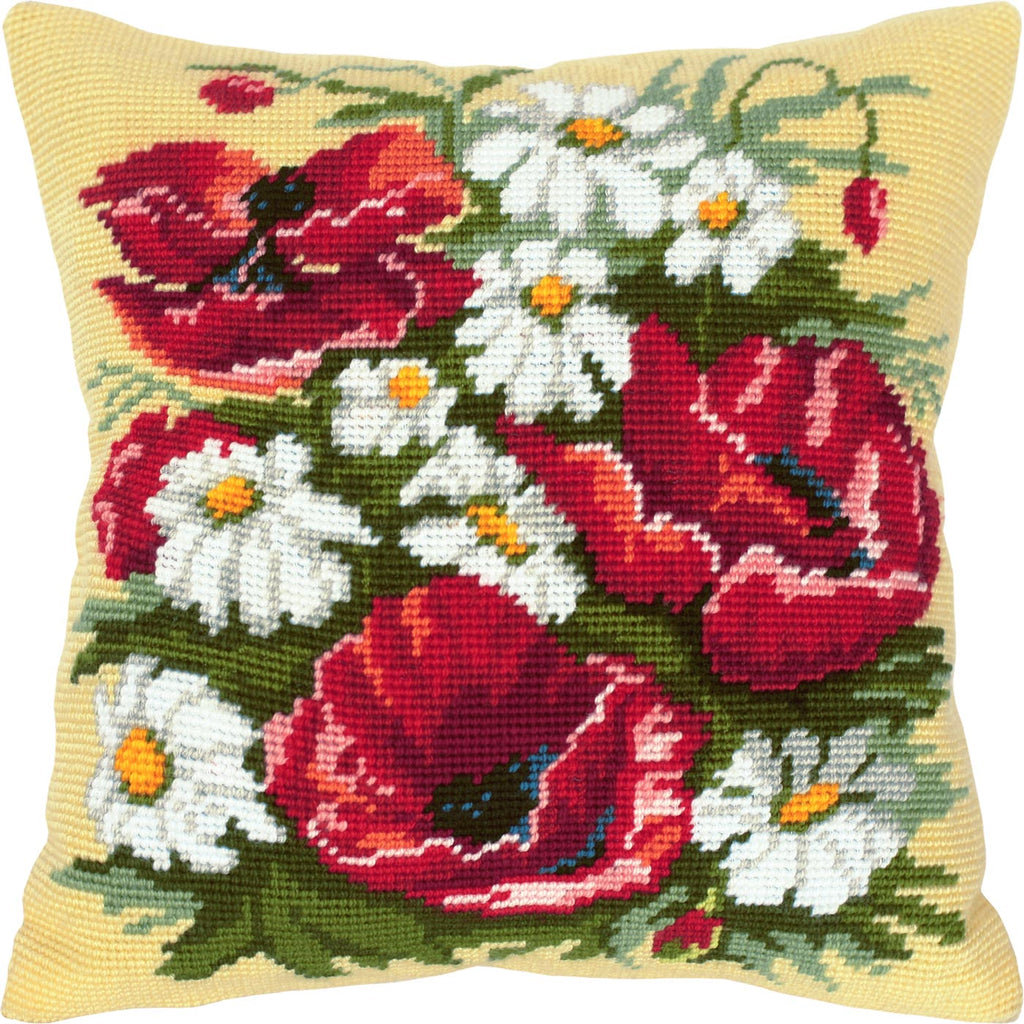 Brvsk Floral Embroidery Kit for Adults and Beginners — Poppies and Daisies 16″ × 16″ with Clear, Precise Printed Design on Cotton Canvas; Includes 2 Needles, Yarn, and Easy-Read Chart
