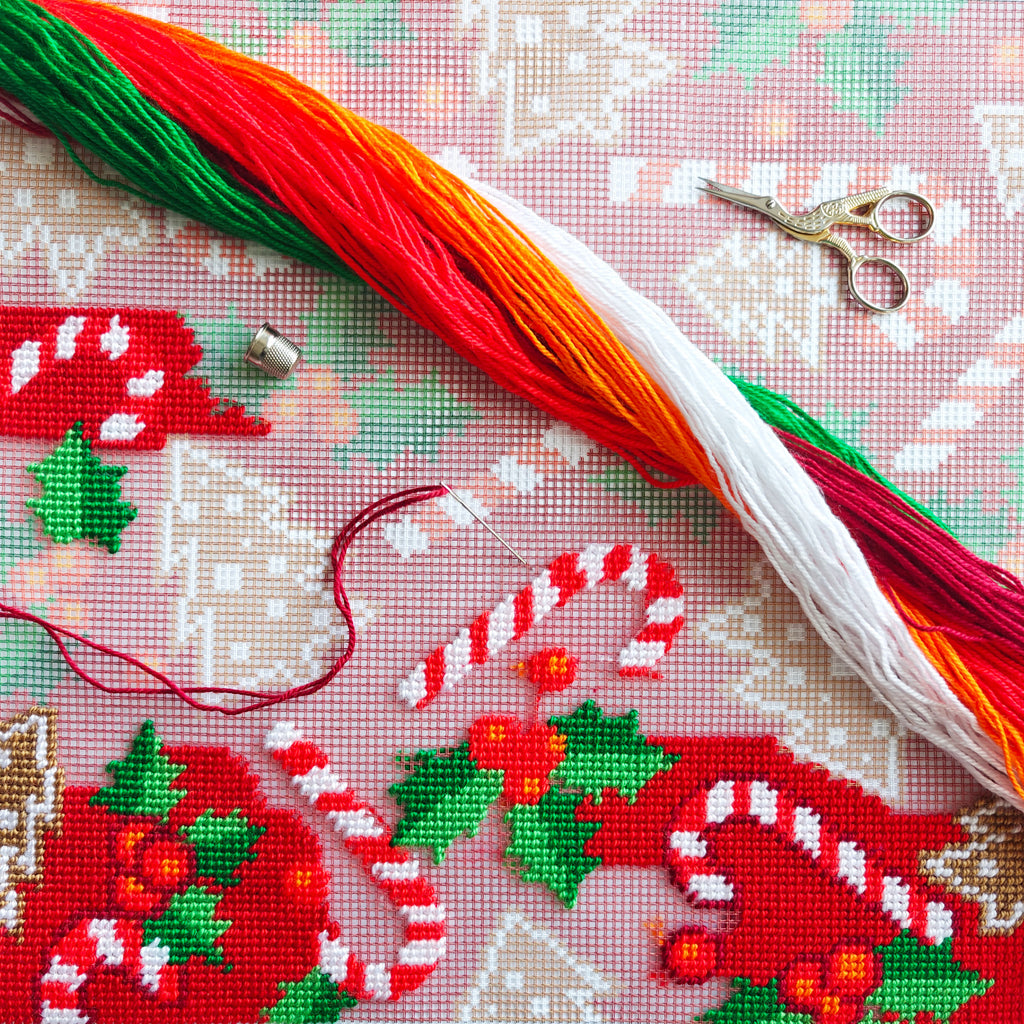 Brvsk Seasonal Stamped Cross-Stitch Kit for Adults and Beginners — Magical Christmas 16″ × 16″ with Clear, Precise Printed Design on Cotton Canvas; Includes 2 Needles, Yarn, and Easy-Read Chart