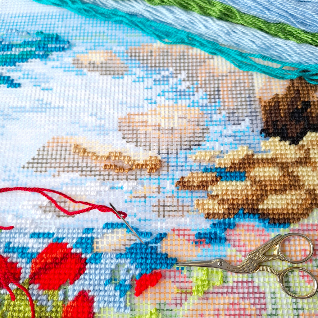 Brvsk Maritime Embroidery Kit for Adults and Beginners — Seaside View 16″ × 16″ with Clear, Precise Printed Design on Cotton Canvas; Includes 2 Needles, Yarn, and Easy-Read Chart