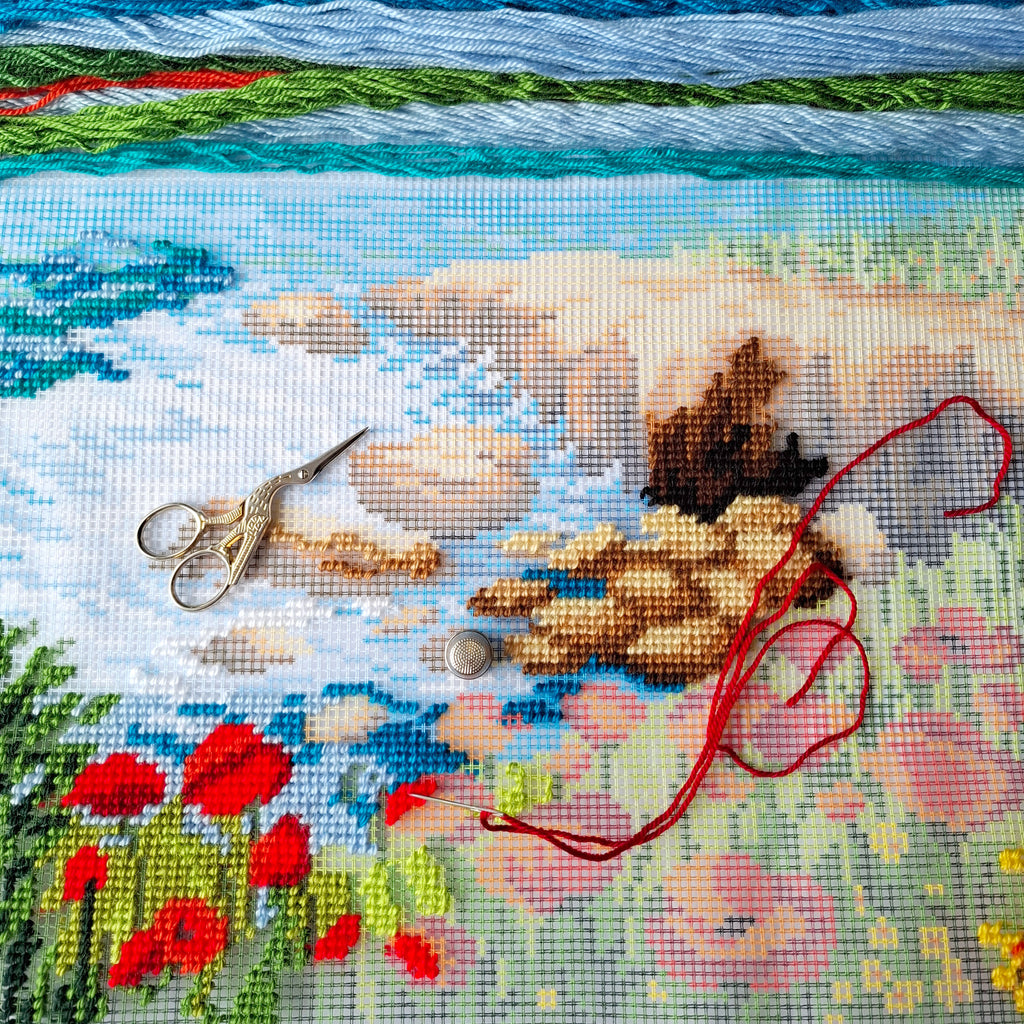 Brvsk Maritime Embroidery Kit for Adults and Beginners — Seaside View 16″ × 16″ with Clear, Precise Printed Design on Cotton Canvas; Includes 2 Needles, Yarn, and Easy-Read Chart