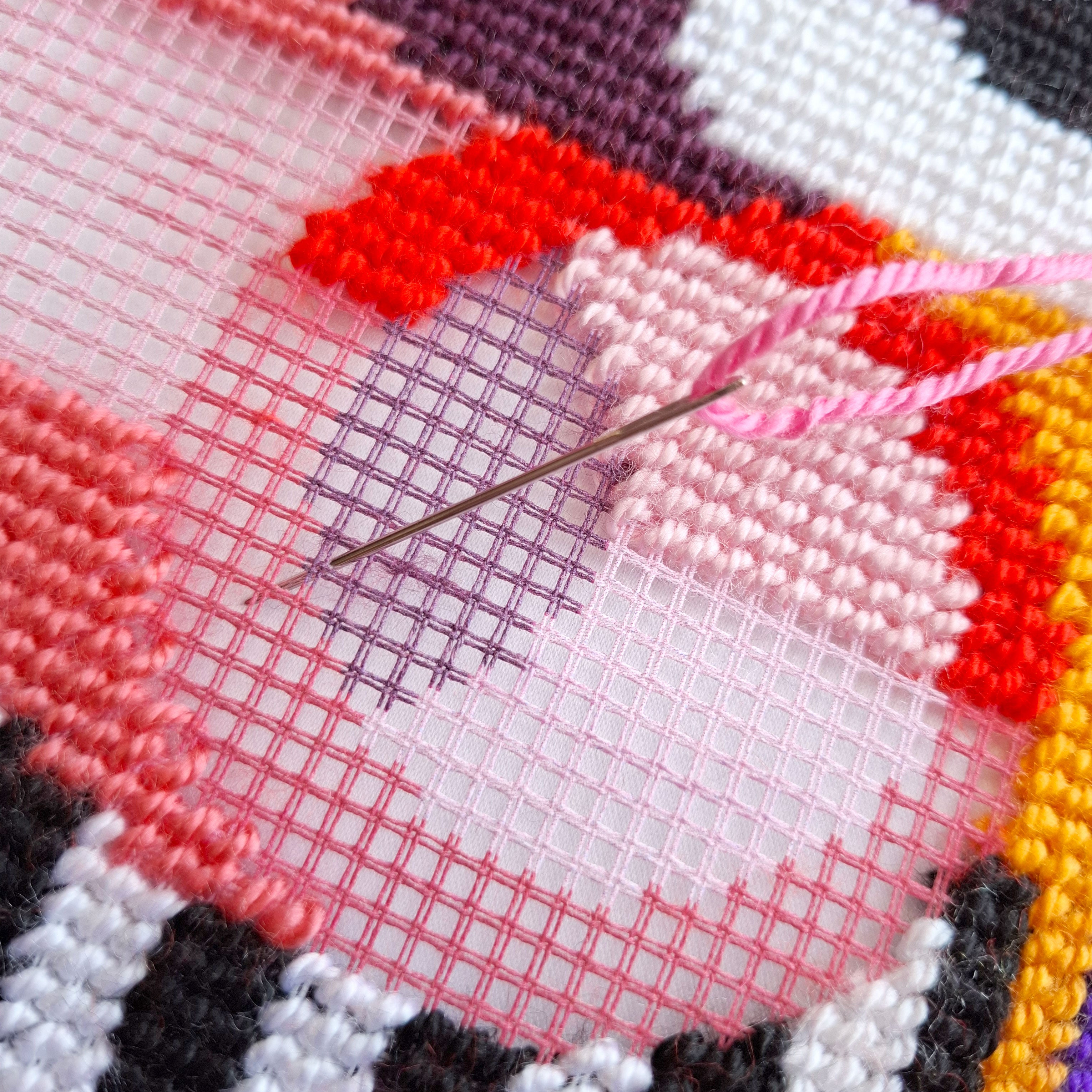 Brvsk Abstract Stamped Cross-Stitch Kit for Adults and Beginners — Vivid Women in Abstract 16″ × 16″ with Clear, Precise Printed Design on Cotton Canvas; Includes 2 Needles, Yarn, and Easy-Read Chart