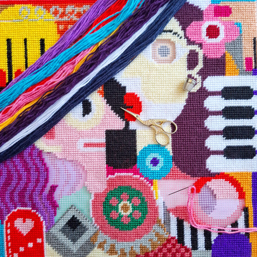 Brvsk Abstract Stamped Cross-Stitch Kit for Adults and Beginners — Vivid Women in Abstract 16″ × 16″ with Clear, Precise Printed Design on Cotton Canvas; Includes 2 Needles, Yarn, and Easy-Read Chart