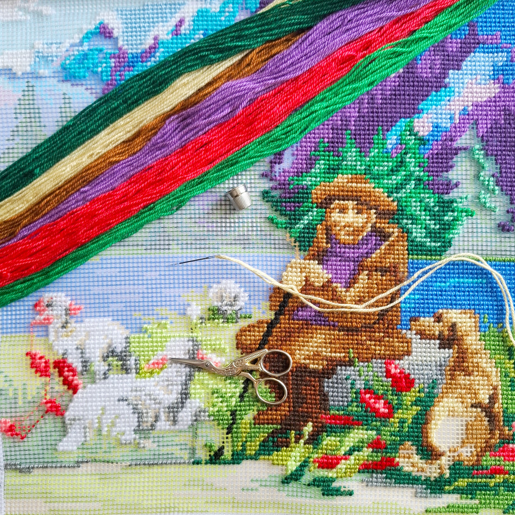 Brvsk Pastoral Stamped Cross-Stitch Kit for Adults and Beginners — Blue Mountains 16″ × 16″ with Clear, Precise Printed Design on Cotton Canvas; Includes 2 Needles, Yarn, and Easy-Read Chart