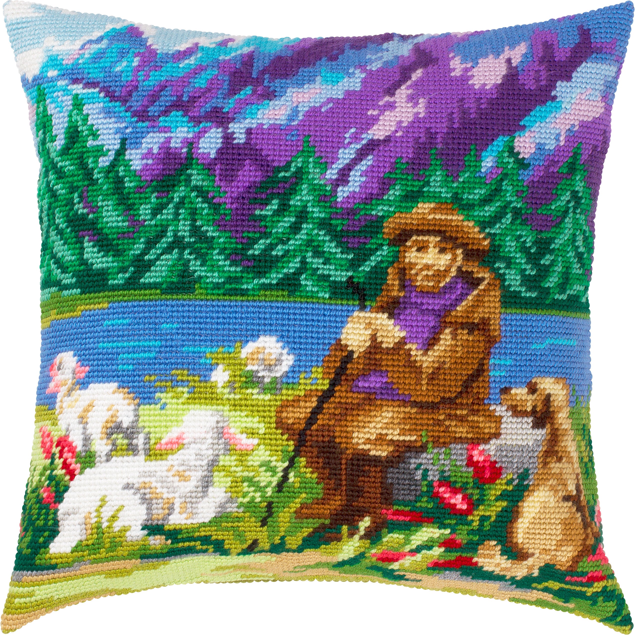 Brvsk Pastoral Stamped Cross-Stitch Kit for Adults and Beginners — Blue Mountains 16″ × 16″ with Clear, Precise Printed Design on Cotton Canvas; Includes 2 Needles, Yarn, and Easy-Read Chart