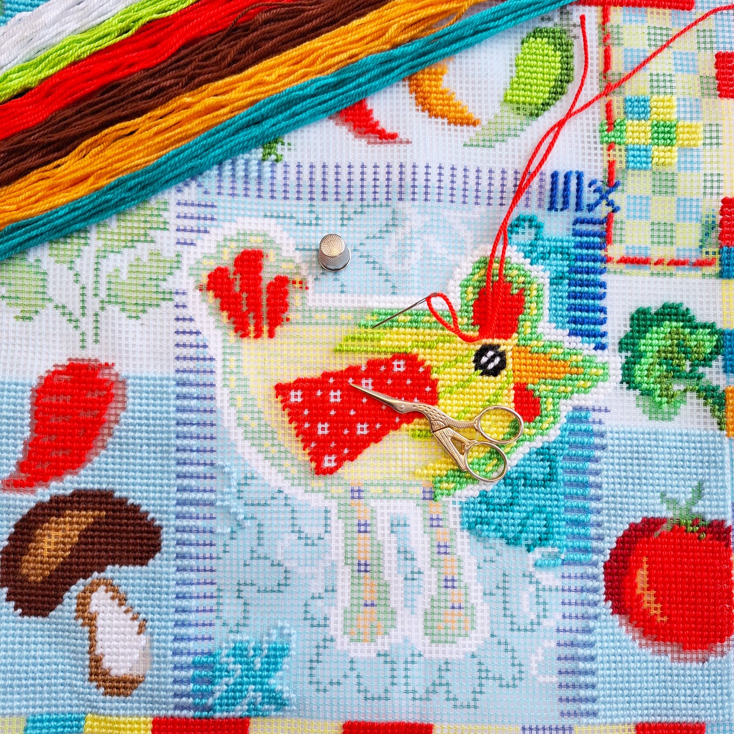 Brvsk Farmhouse Embroidery Kit for Adults and Beginners — Rustic Kitchen Charm: Hen 16″ × 16″ with Clear, Precise Printed Design on Cotton Canvas; Includes 2 Needles, Yarn, and Easy-Read Chart