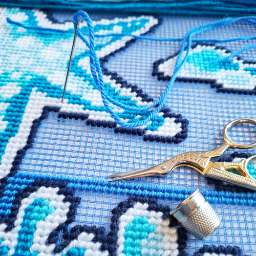 Brvsk Coastal Embroidery Kit for Adults and Beginners — Ocean Treasures 16″ × 16″ with Clear, Precise Printed Design on Cotton Canvas; Includes 2 Needles, Yarn, and Easy-Read Chart