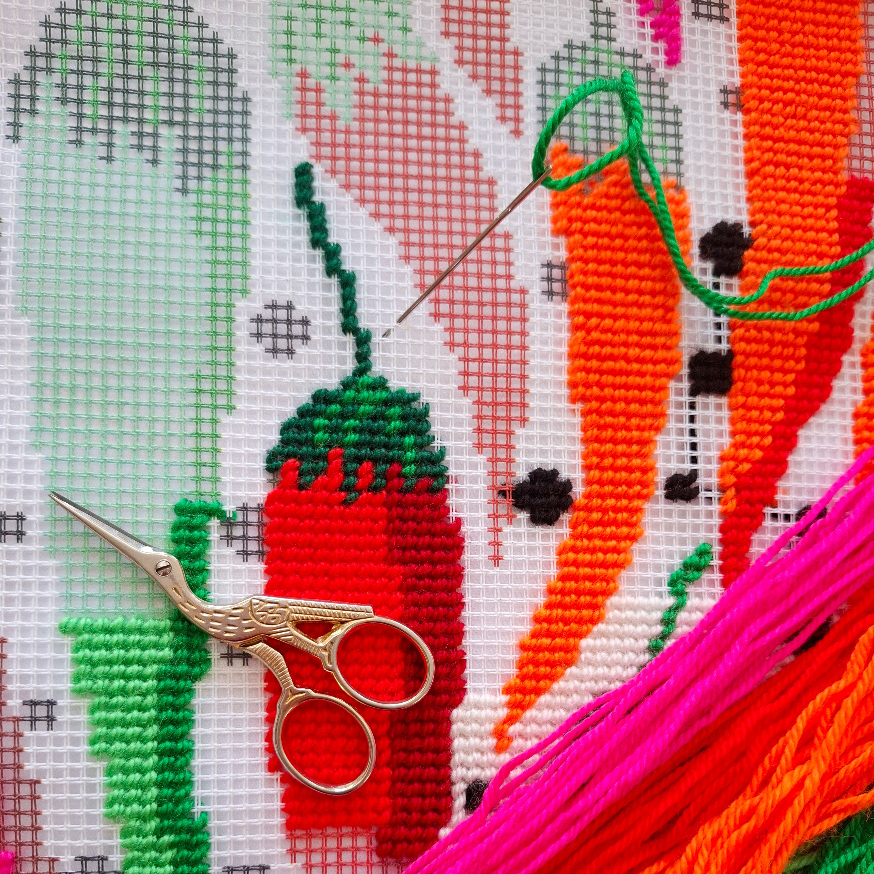 Chili peppers — Stamped Cross Stitch Kit 16″ × 16″ by Brvsk