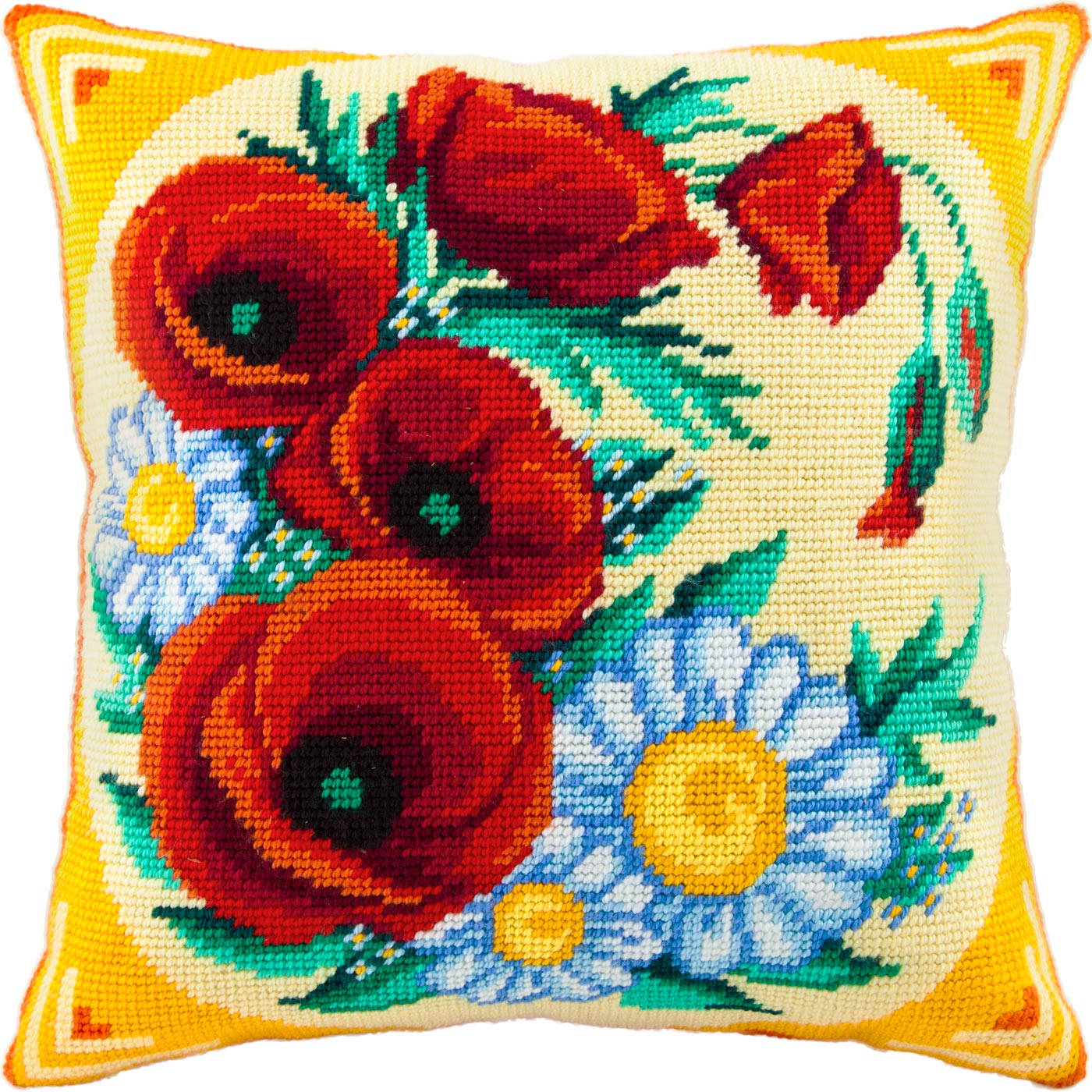 Brvsk Stamped Cross-Stitch Kit for Adults and Beginners — Bouquet of Wildflower 16″ × 16″ with Clear, Precise Printed Design on Cotton Canvas; Includes 2 Needles, Yarn, and Easy-Read Chart