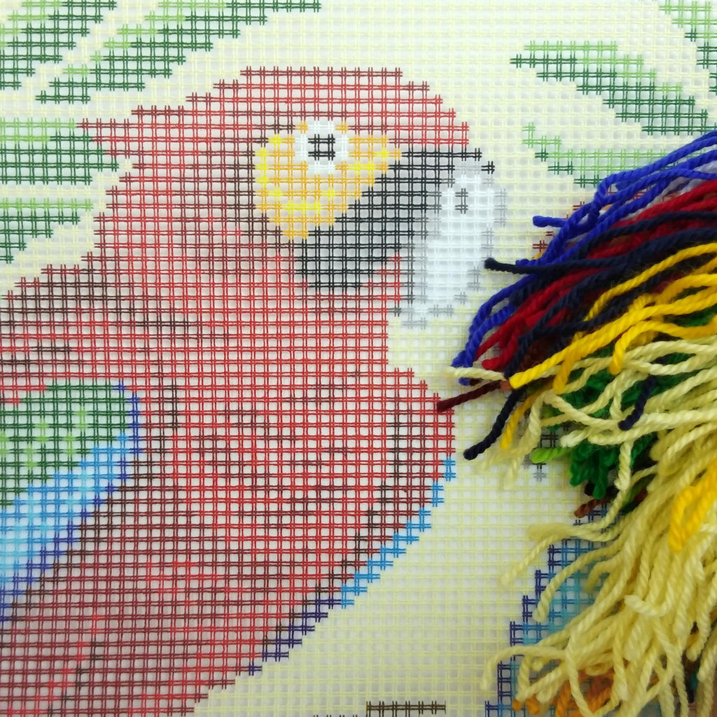 Brvsk Floral Needlepoint Kit for Adults and Beginners — Two Parrots 16″ × 16″ with Clear, Precise Printed Design on Cotton Canvas; Includes 2 Needles, Yarn, and Easy-Read Chart
