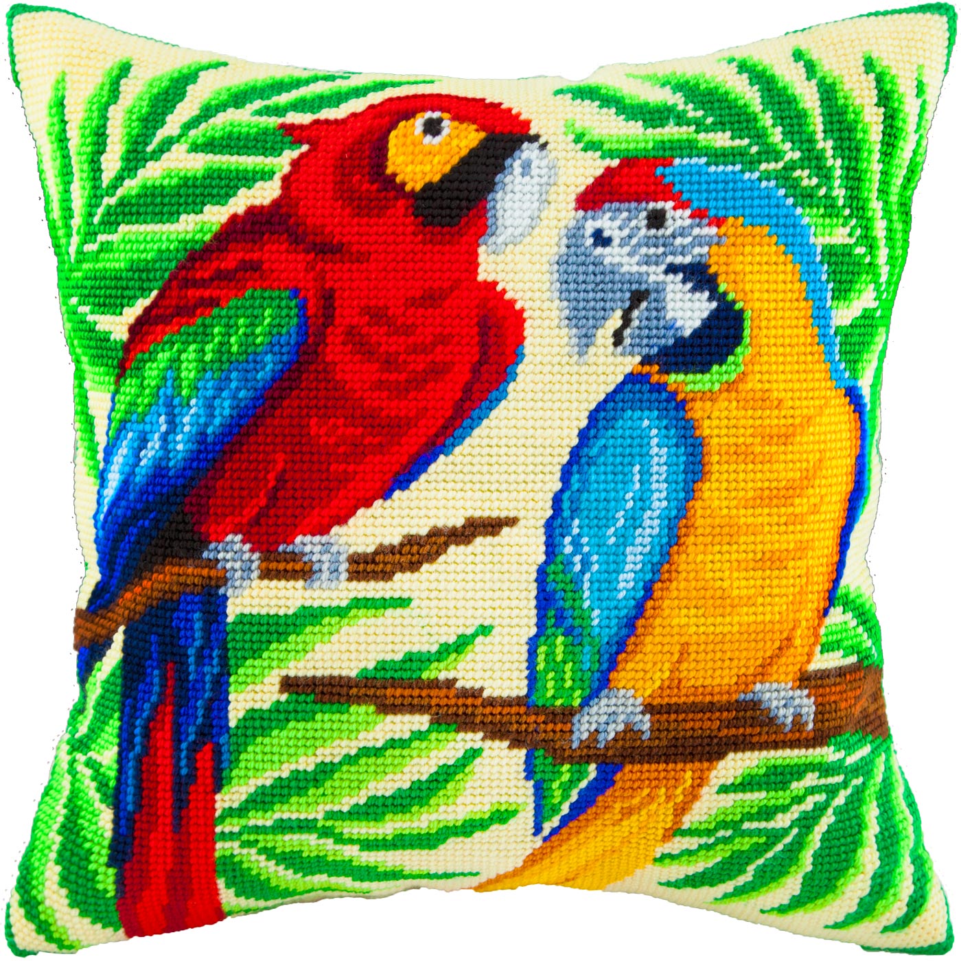 Brvsk Floral Needlepoint Kit for Adults and Beginners — Two Parrots 16″ × 16″ with Clear, Precise Printed Design on Cotton Canvas; Includes 2 Needles, Yarn, and Easy-Read Chart