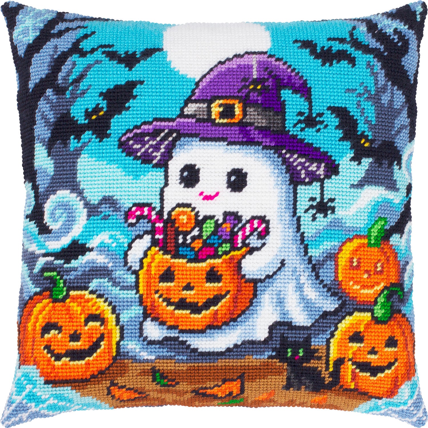 Brvsk Needlepoint Pillow Kit — Trick-or-Treat Ghost, 16″ × 16″